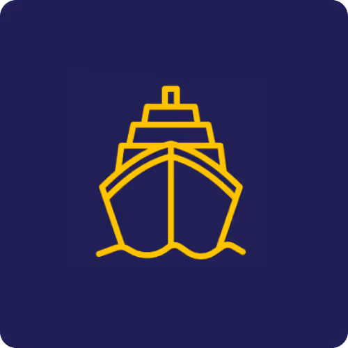 Yellow line drawing of a ship's front view on a dark blue background.