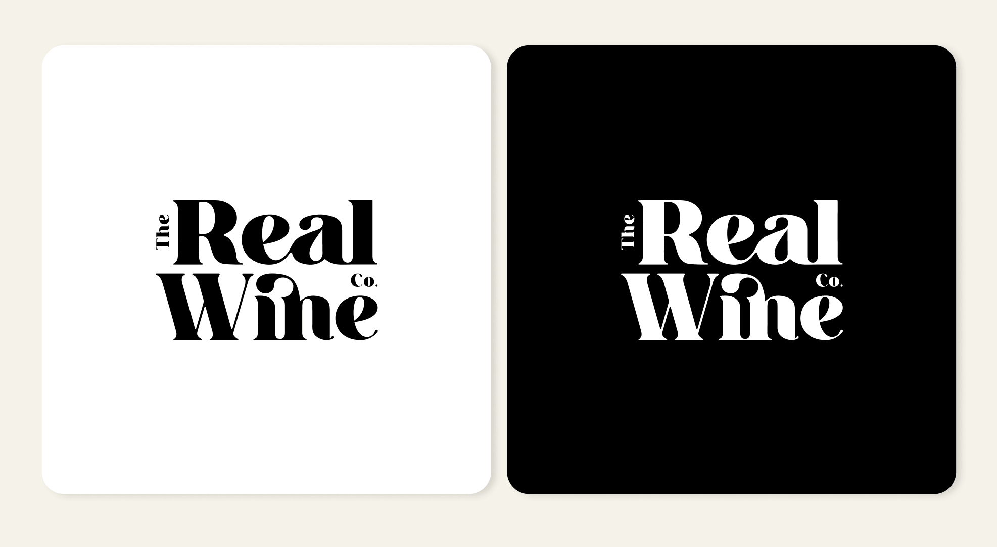 The Real Wine Co. logo shown in black and white versions.