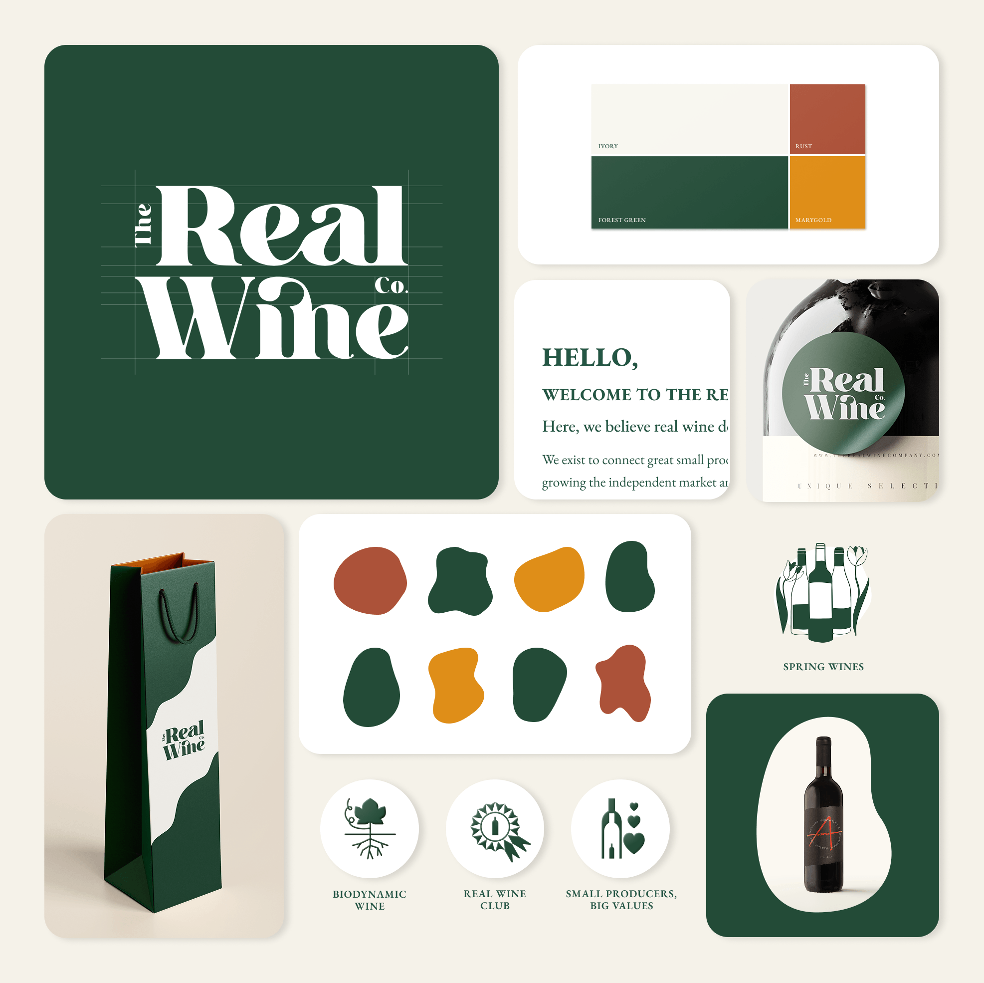 The Real Wine Co. brand identity system showing logo, colour palette, social templates, packaging, icons and wine label applications.