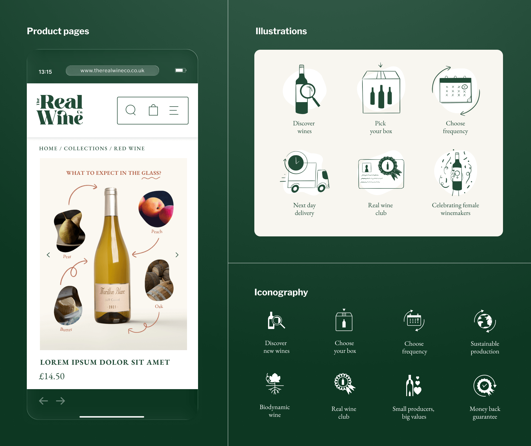 The Real Wine Co. iconography and illustration system for product pages, wine benefits and ecommerce navigation.