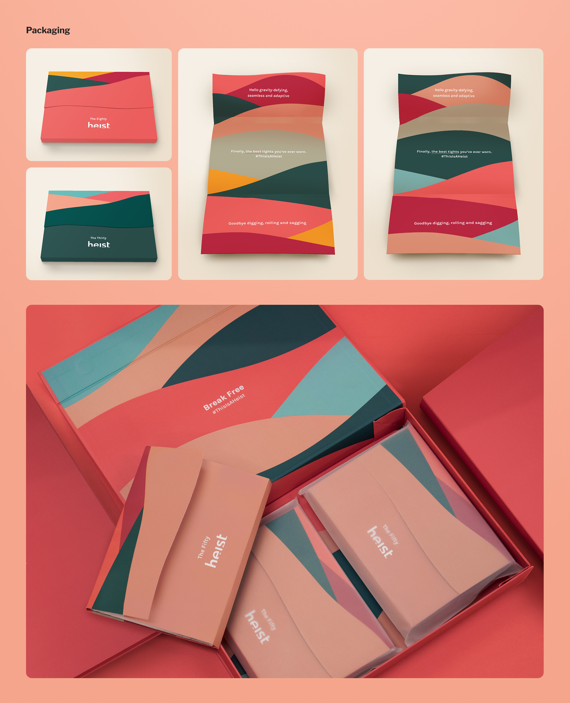 Sustainable packaging redesign for Heist Studios featuring custom mailers, inserts and branded unboxing materials. / Heist Studios packaging system showcasing branded inserts, product packaging and ecommerce fulfilment materials.
