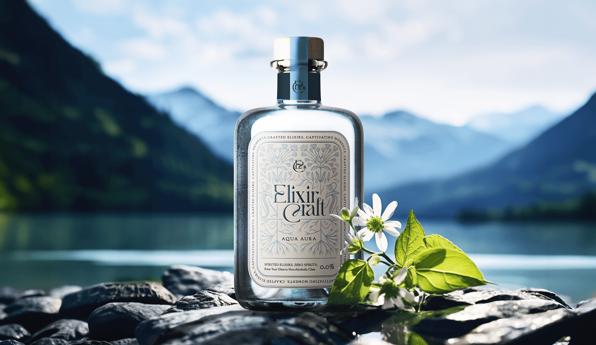 Elixir Craft spring campaign artwork featuring the Aqua Aura bottle photographed in an alpine landscape.
