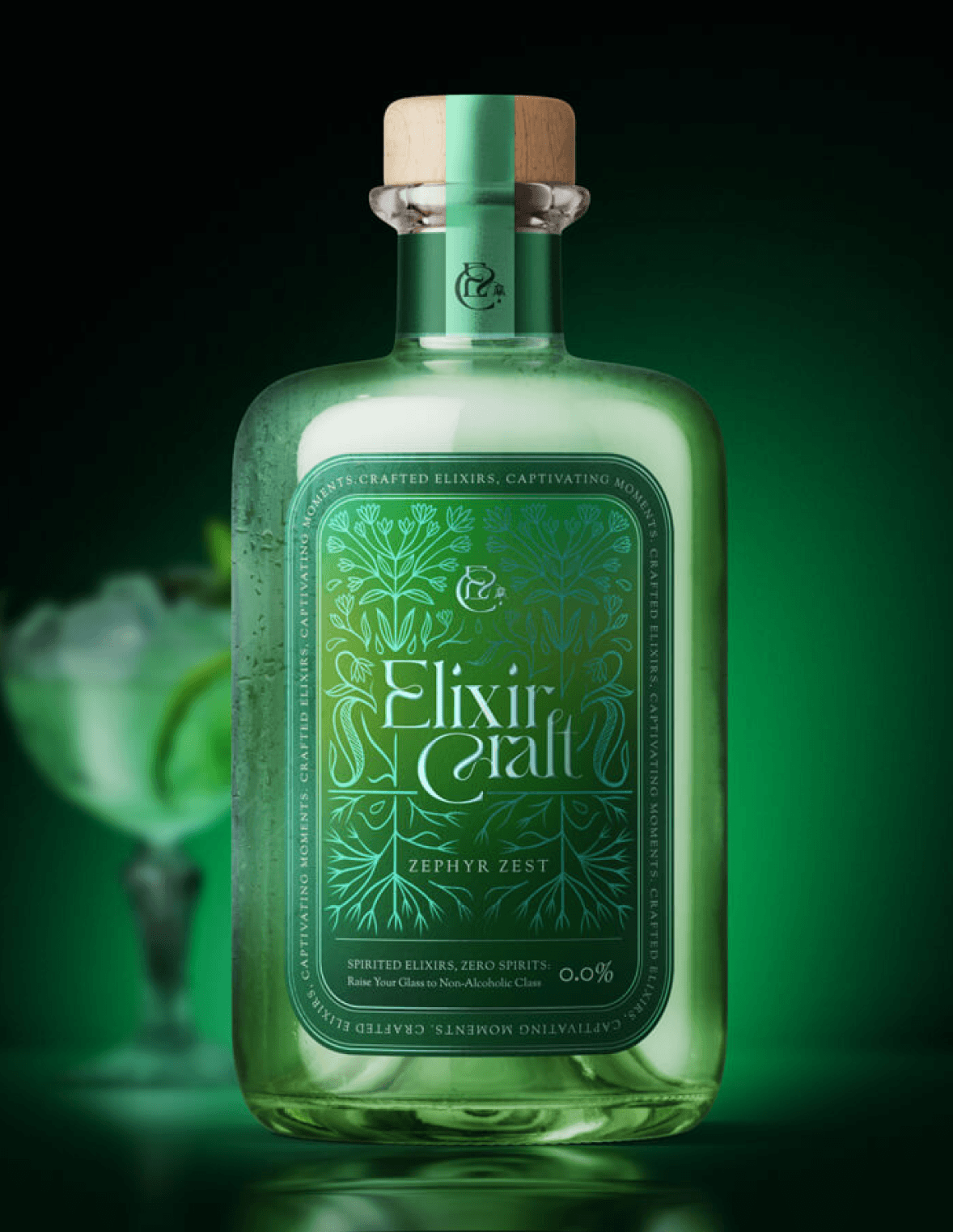 Elixir Craft limited-edition botanical spirit packaging concept with emerald green lighting and seasonal styling.