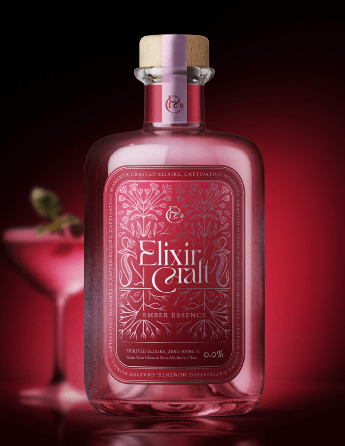 Elixir Craft limited-edition spirit packaging concept with ruby pink bottle and festive cocktail-inspired art direction.