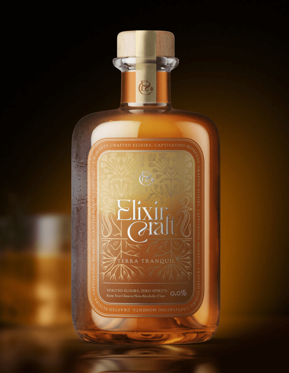 Elixir Craft limited-edition spirit packaging concept with amber gold bottle and warm seasonal lighting.