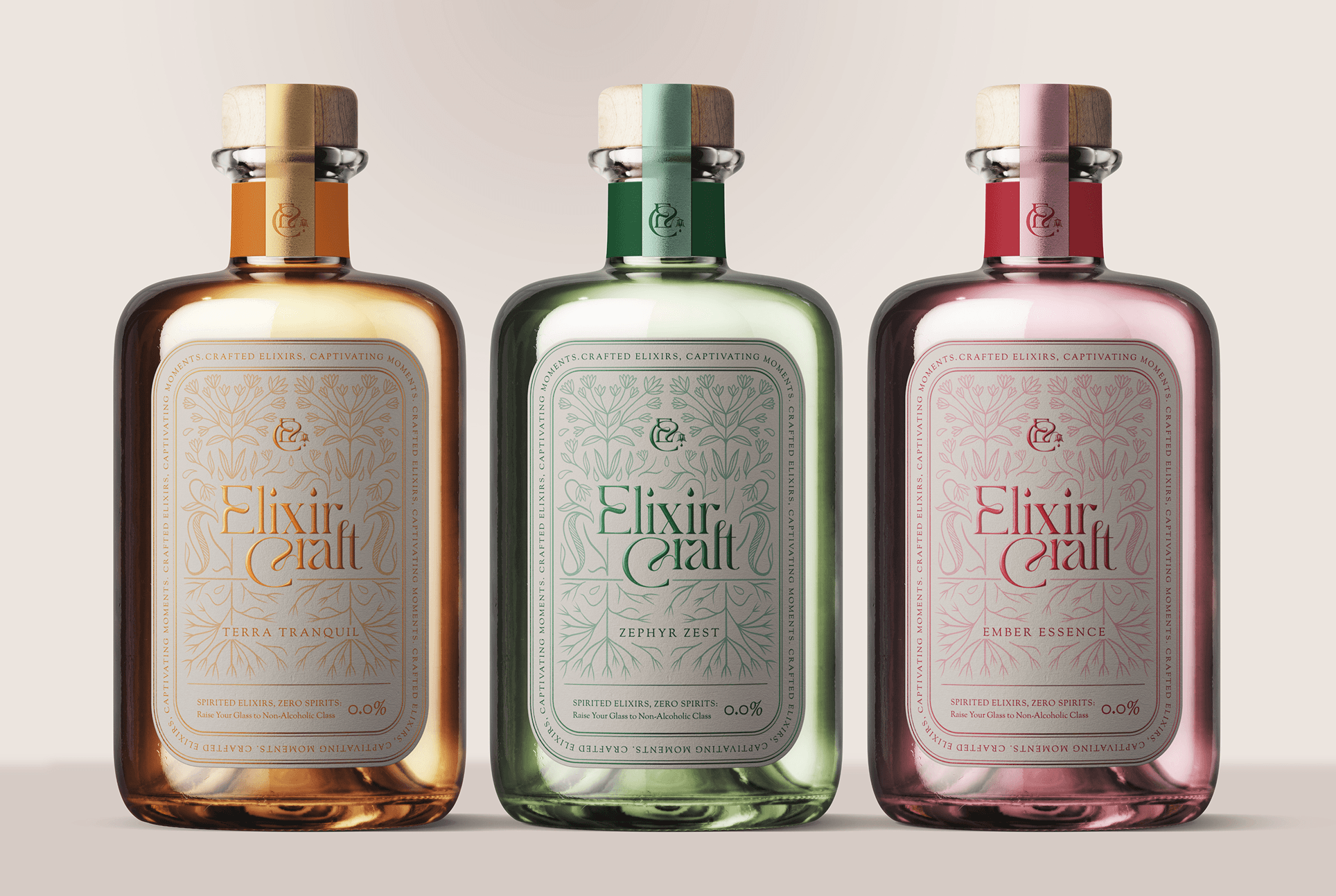 Elixir Craft bottle range featuring four non-alcoholic spirit variants with distinct colour palettes and packaging designs.