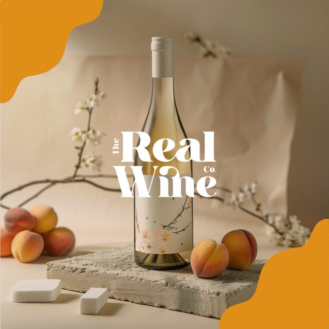 The Real Wine Co. brand identity featuring wine packaging, logo design and campaign creative.