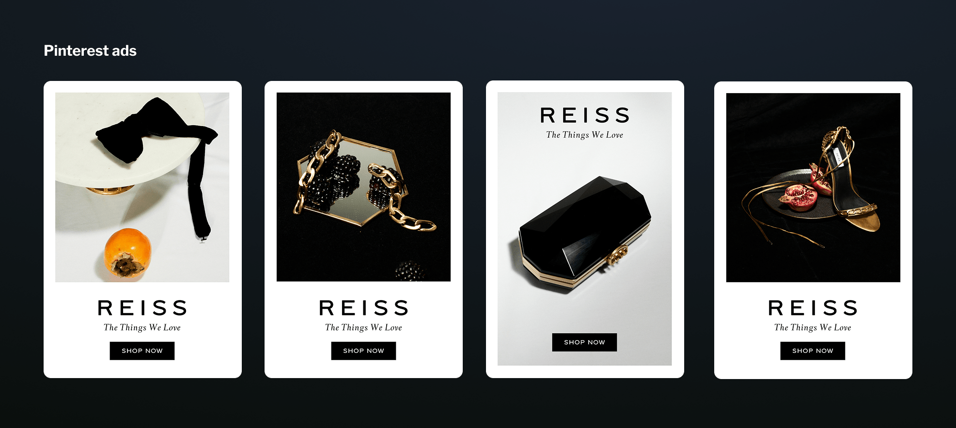 Pinterest ad creative for Reiss featuring luxury fashion accessories and campaign photography.