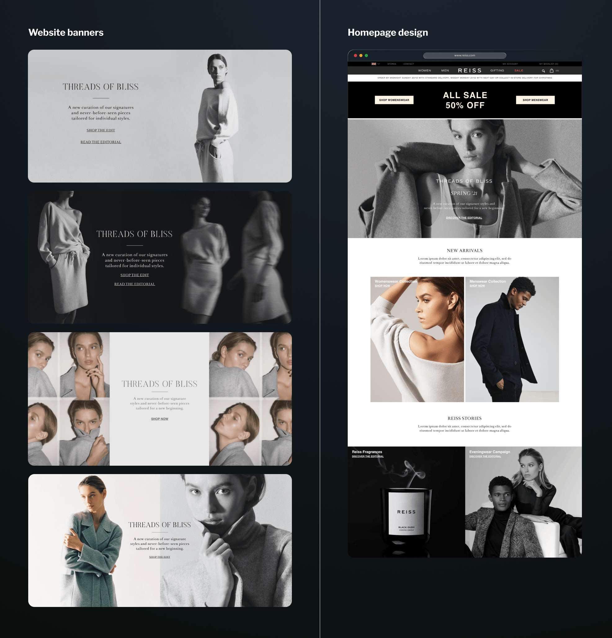 Digital campaign banners created for Reiss fashion collections across ecommerce and marketing channels. / Homepage design for Reiss showcasing seasonal campaigns, product collections and promotional content.