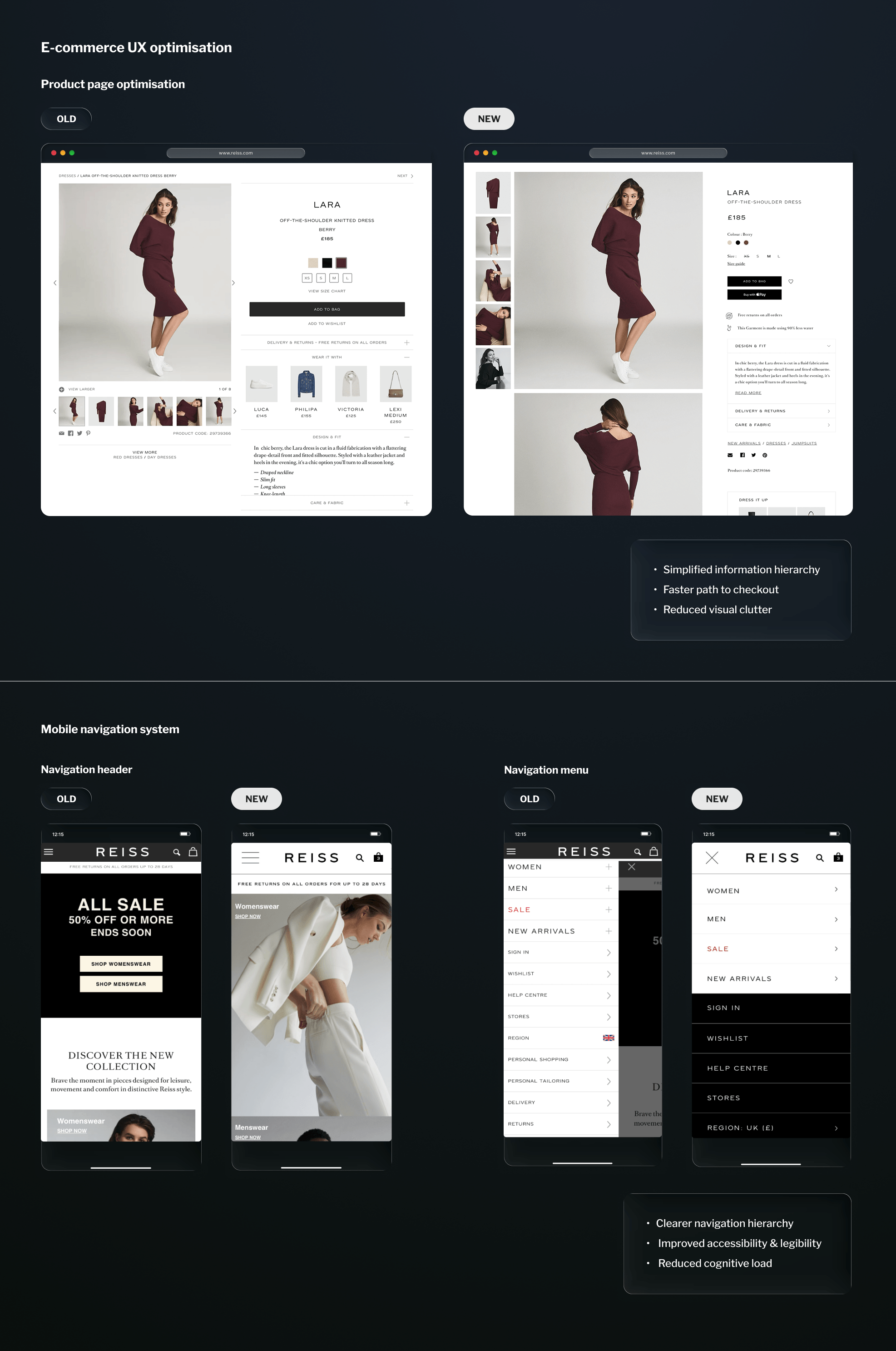 Before and after ecommerce product page redesign improving navigation, product discovery and customer experience. / Mobile navigation redesign for Reiss focused on usability, accessibility and faster product browsing.