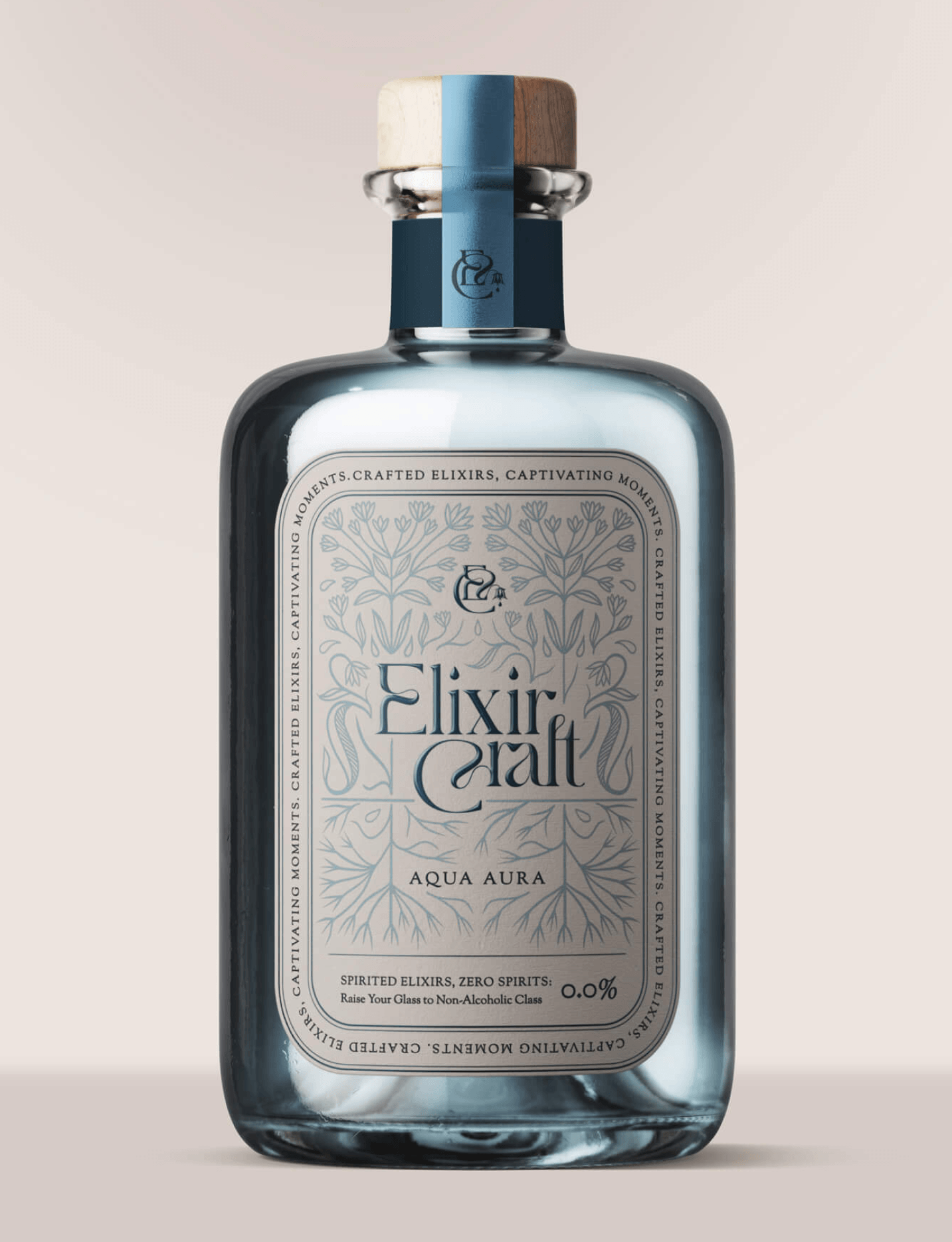 Elixir Craft Aqua Aura premium non-alcoholic spirit bottle design with illustrated botanical label and embossed packaging details.