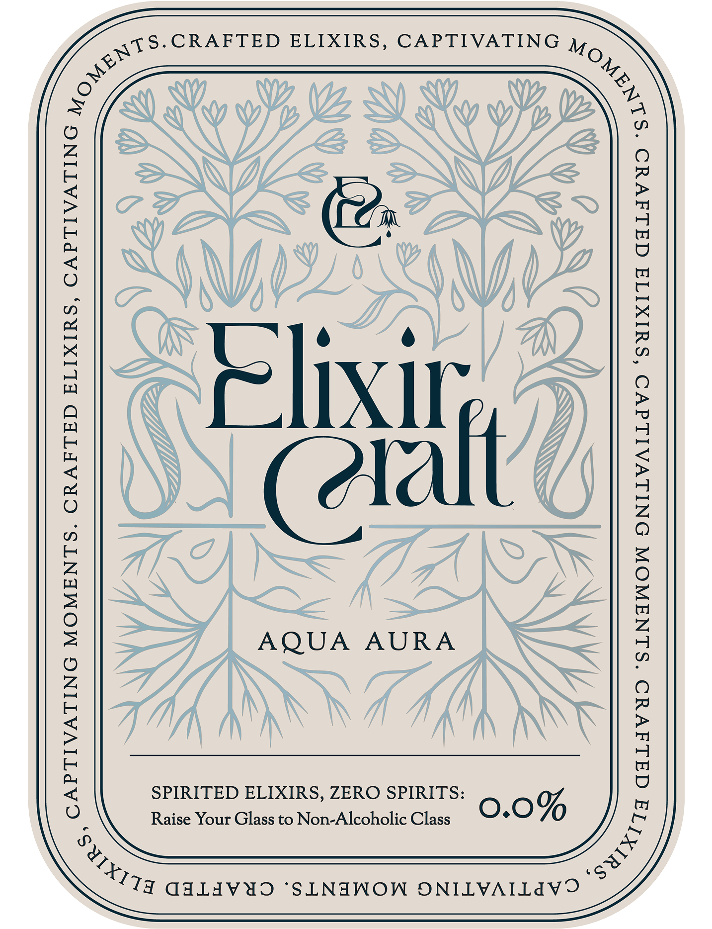 Elixir Craft label design featuring custom typography, botanical illustration and premium non-alcoholic spirits packaging.