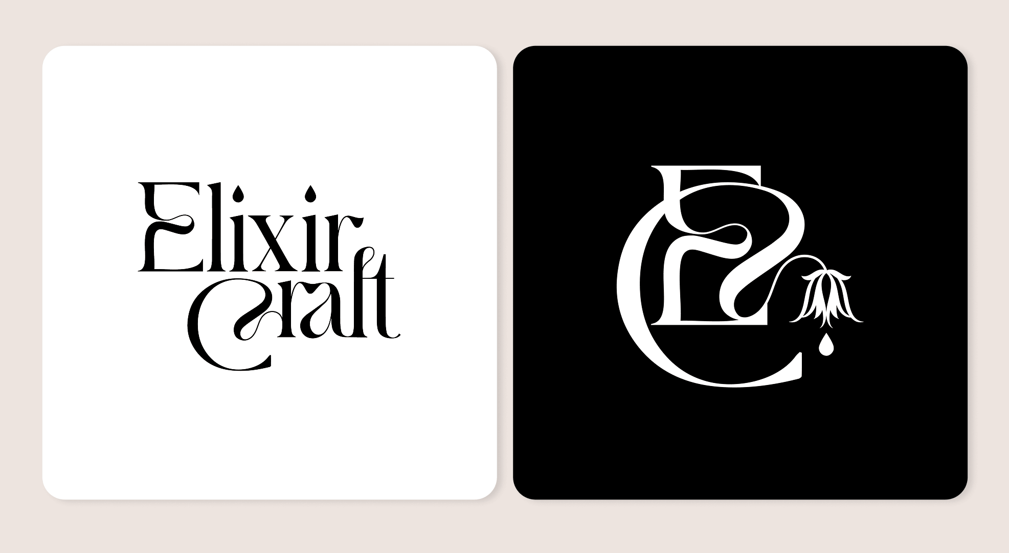 Elixir Craft custom wordmark combining elegant serif typography with handcrafted lettering details / Elixir Craft monogram logo inspired by botanical forms and the fictional Azure Blossom ingredient.