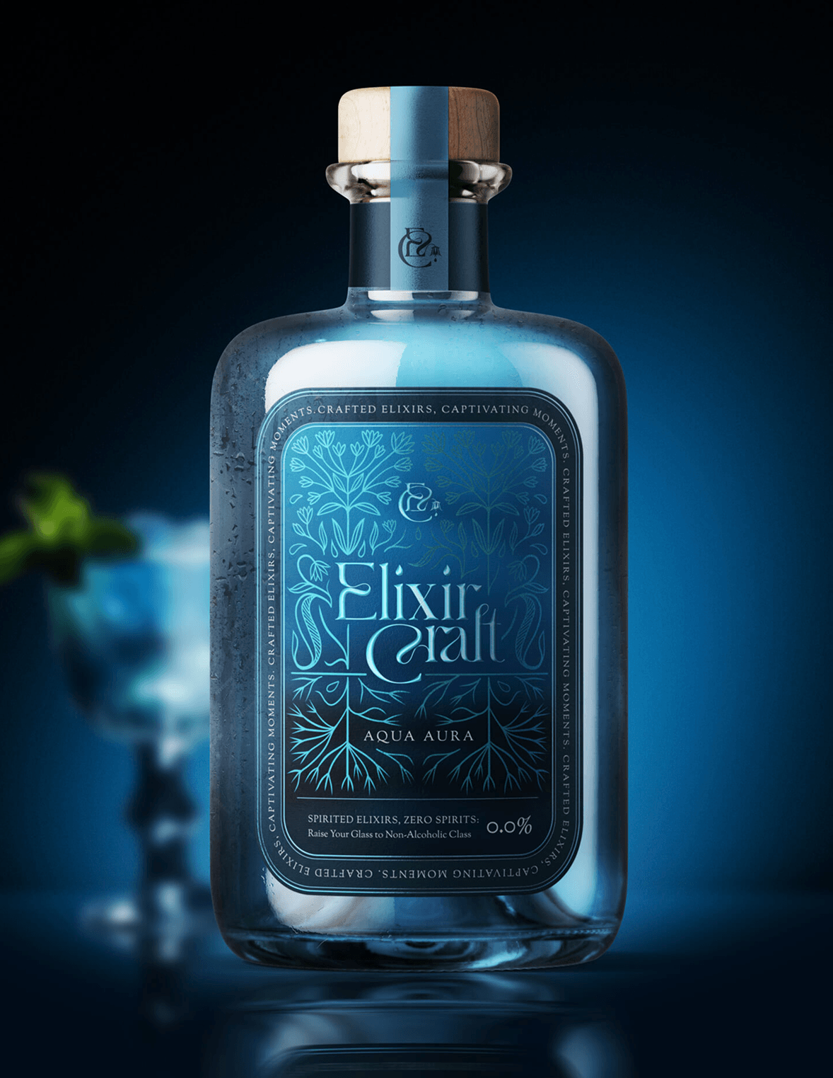 Elixir Craft limited-edition winter packaging concept with illuminated blue bottle and premium festive art direction.