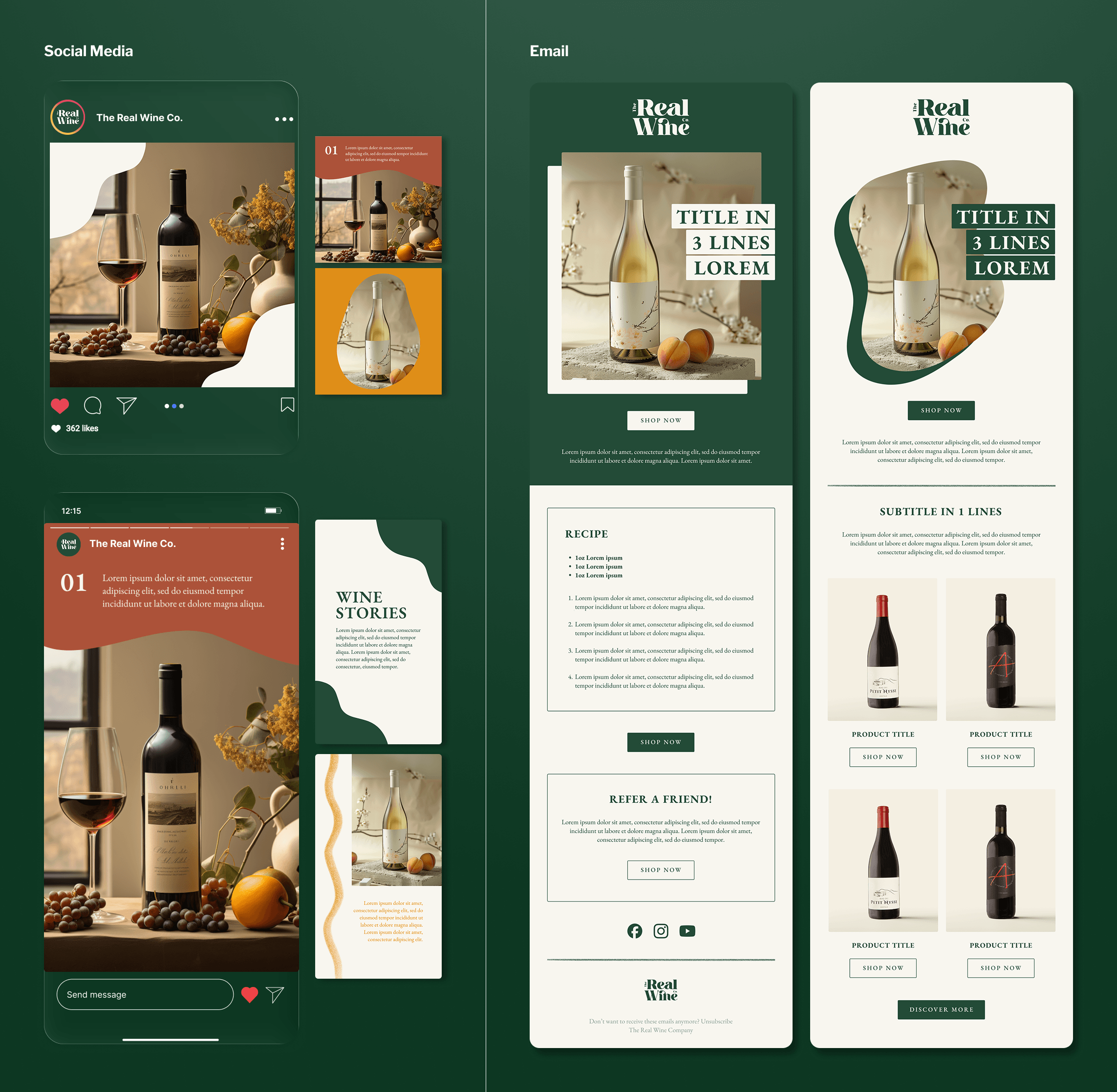 The Real Wine Co. social media templates and email marketing designs for wine campaigns.
