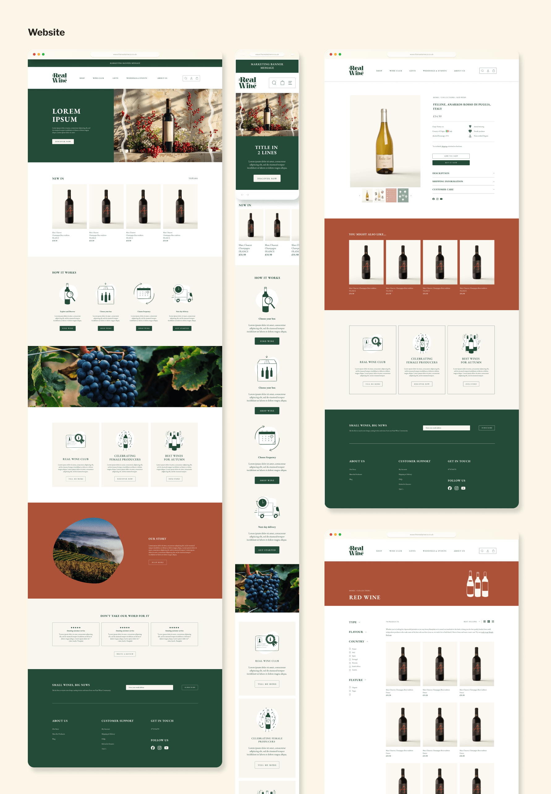 The Real Wine Co. ecommerce website layouts showing product listings, footer design and mobile page sections.