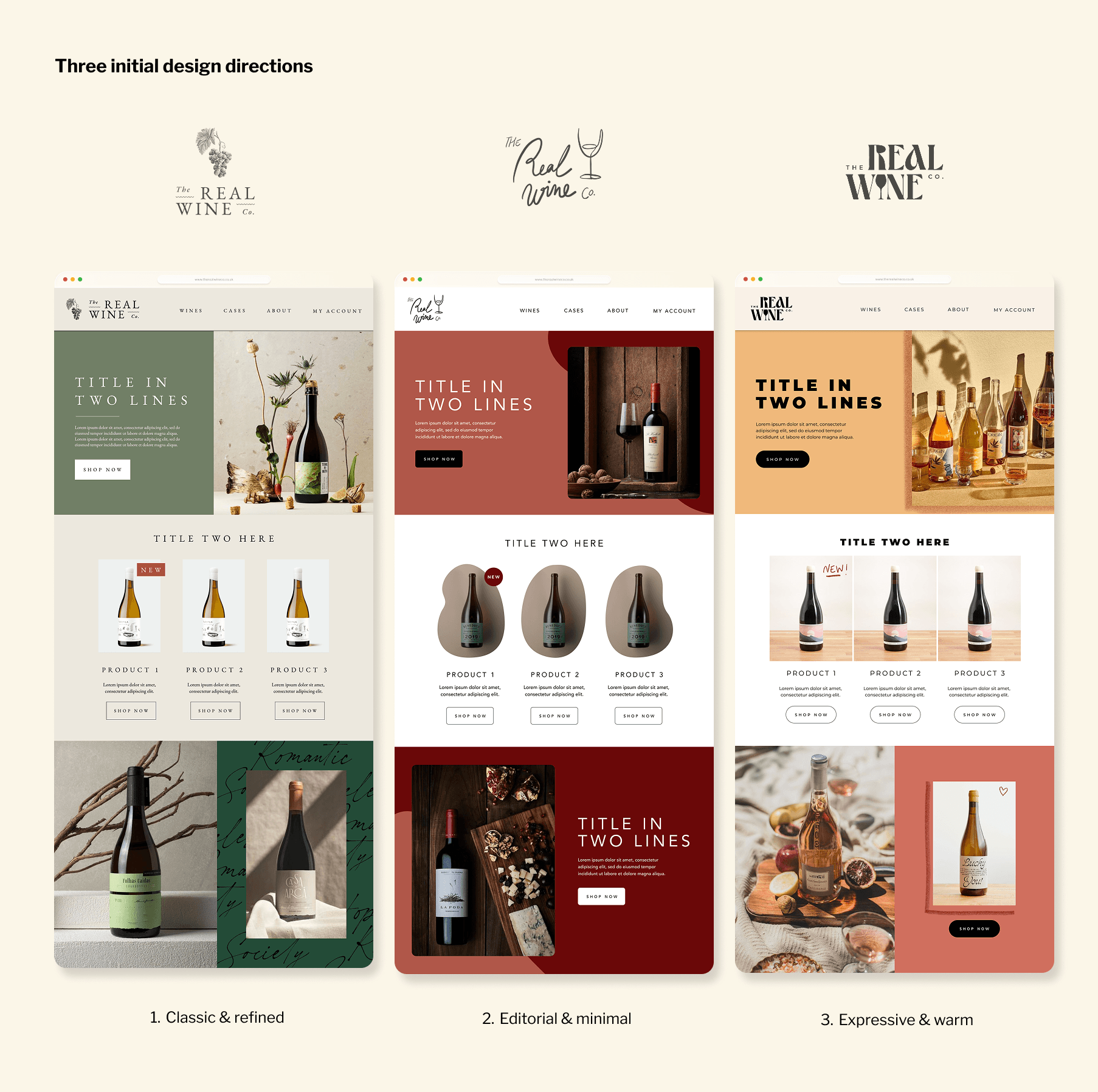 Three initial design directions for The Real Wine Co. exploring different logo, colour and ecommerce concepts.