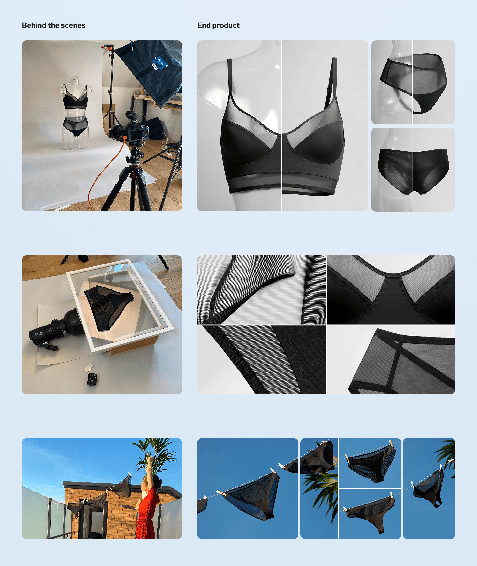 Behind-the-scenes photography and final product imagery created for the Heist underwear launch campaign. / Detailed product photography highlighting fabric texture, construction and premium garment finishes. / Ecommerce website redesign for Heist Studios including homepage, product pages and mobile shopping experience.