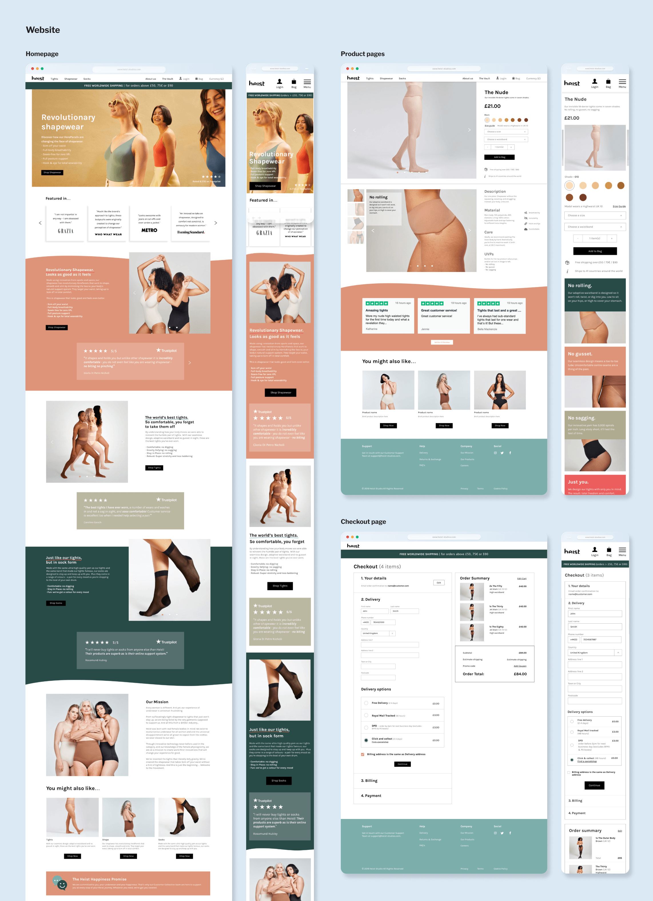 Ecommerce website redesign for Heist Studios including homepage, product pages and mobile shopping experience. / Heist Studios product page designs focused on product discovery, customer confidence and conversion optimisation. / Optimised ecommerce checkout experience designed to improve usability and increase conversion rates.