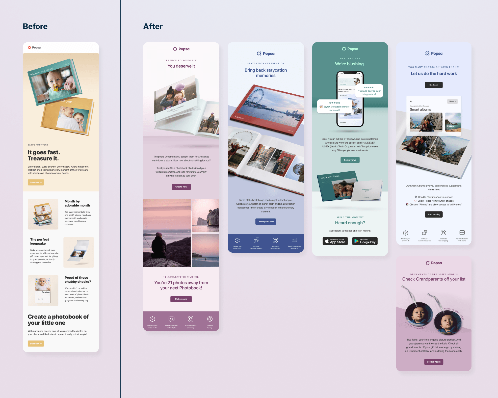 Popsa CRM redesign showing before-and-after email campaigns and scalable campaign system improvements.