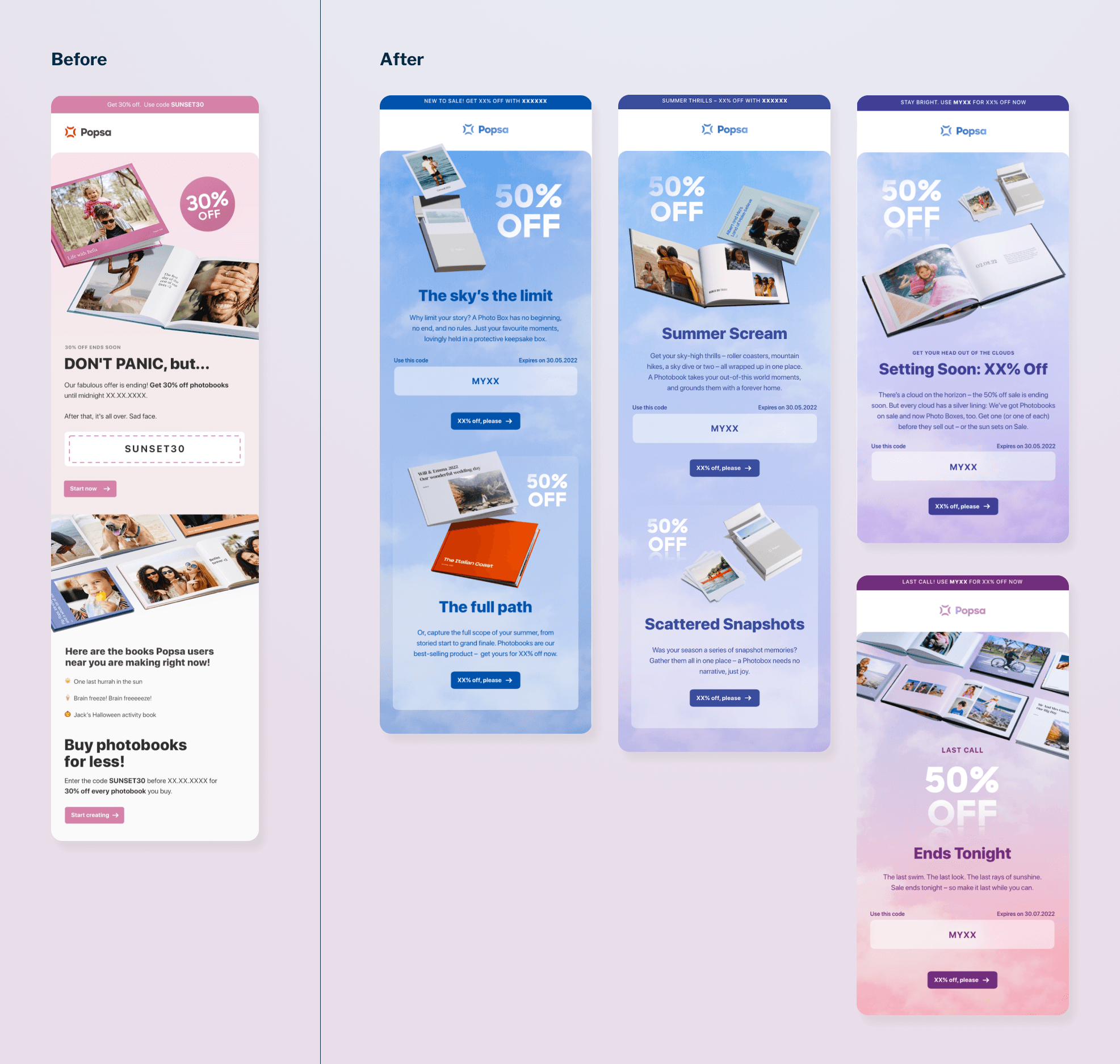Popsa promotional email campaign designs for seasonal offers, discounts and conversion-focused marketing.