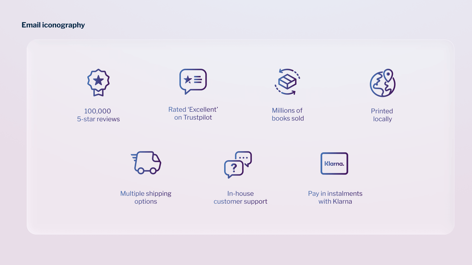 Custom iconography system designed for Popsa email marketing and customer communications.