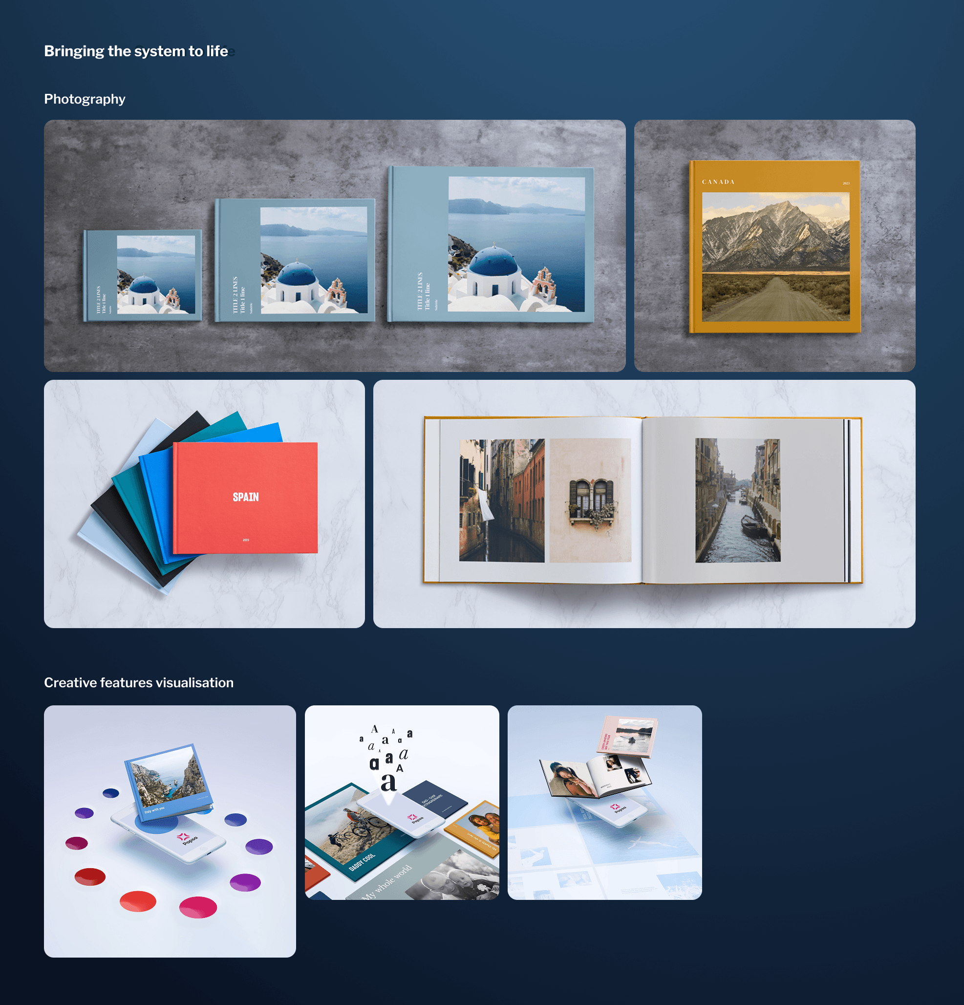 Popsa product photography showcasing photobooks, prints, covers and product customisation options / Visual concepts highlighting Popsa product features including customisation, layouts and photo presentation.