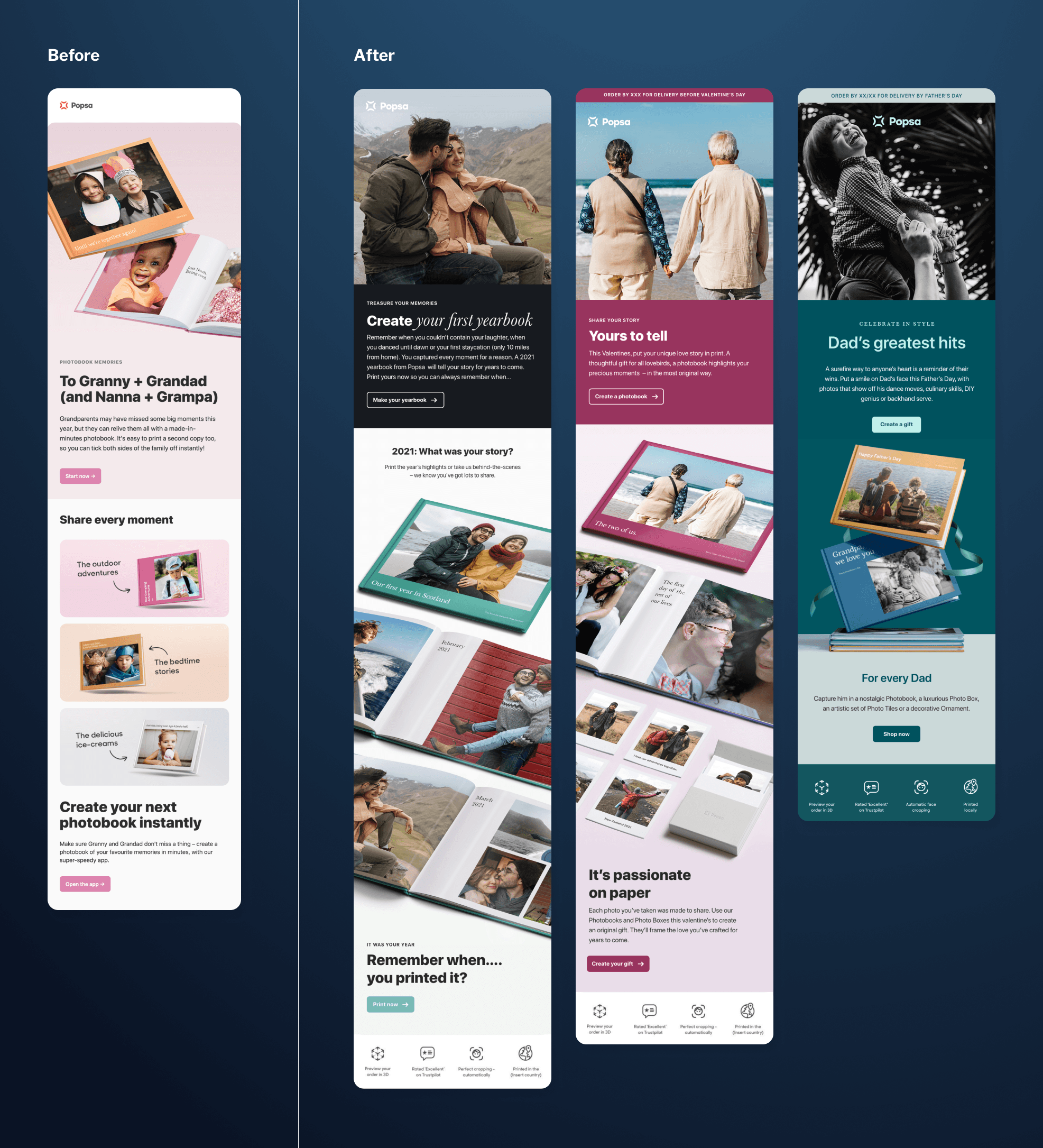 Before-and-after comparison of Popsa email marketing campaigns featuring photobooks, storytelling and emotional product positioning.