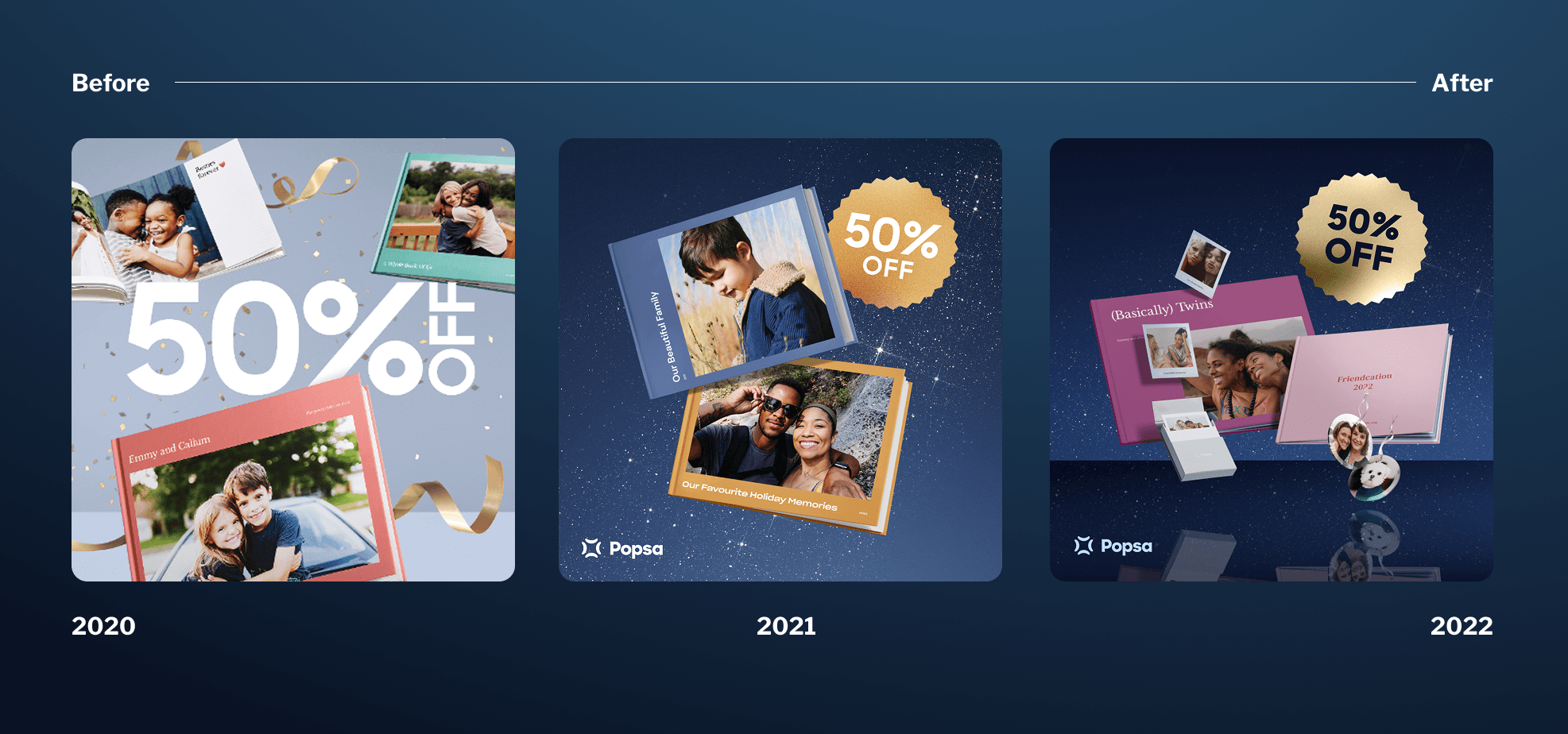 Popsa Black Friday campaign creative evolution from 2020 to 2022.