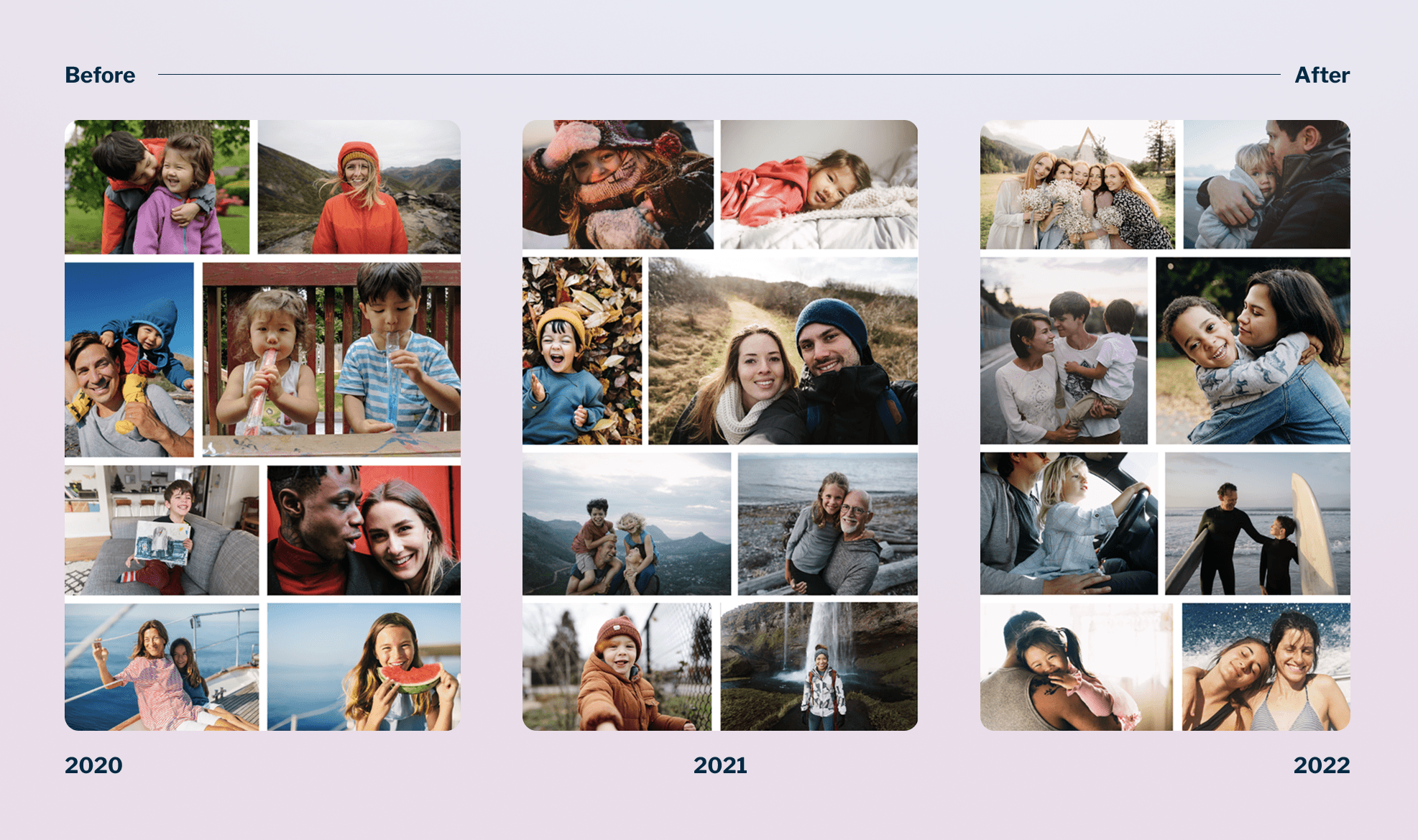 Evolution of Popsa photography style from candid family snapshots to more premium lifestyle imagery.