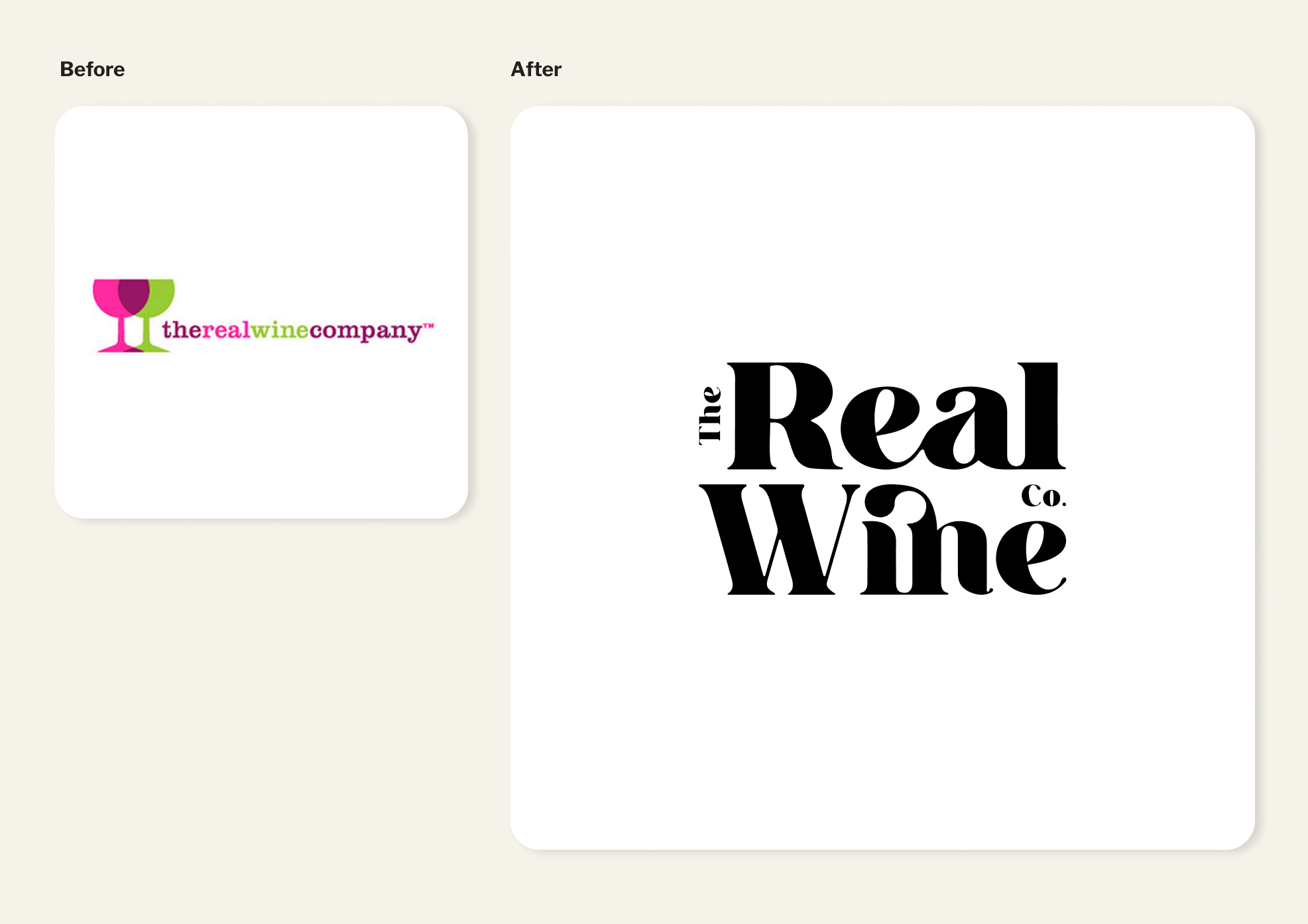 The Real Wine Co. logo shown in black and white versions.