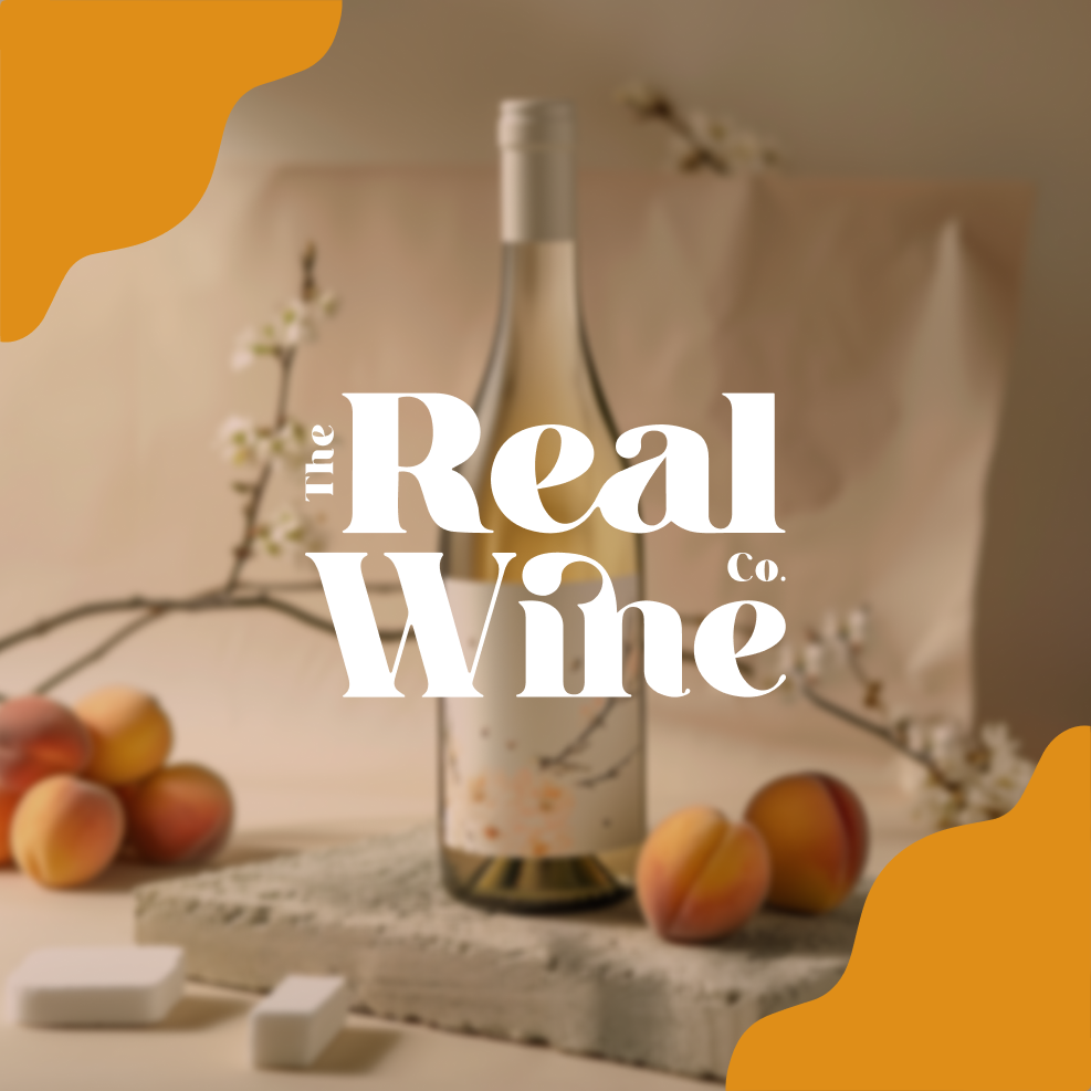 The Real Wine Co. brand identity featuring wine packaging, logo design and campaign creative.
