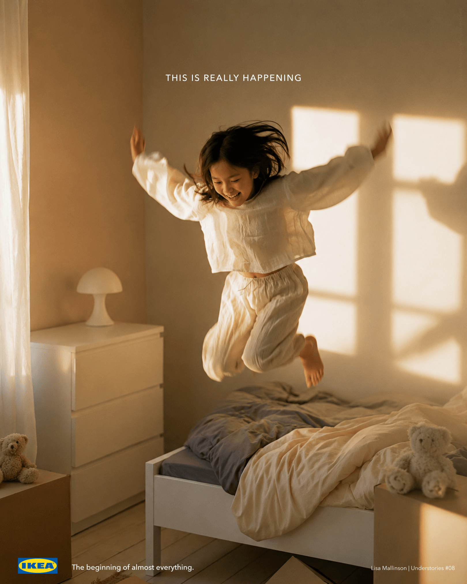 IKEA concept poster showing a child joyfully jumping on a bed in a sunlit bedroom. Text reads: “This is really happening” and “The beginning of almost everything.”