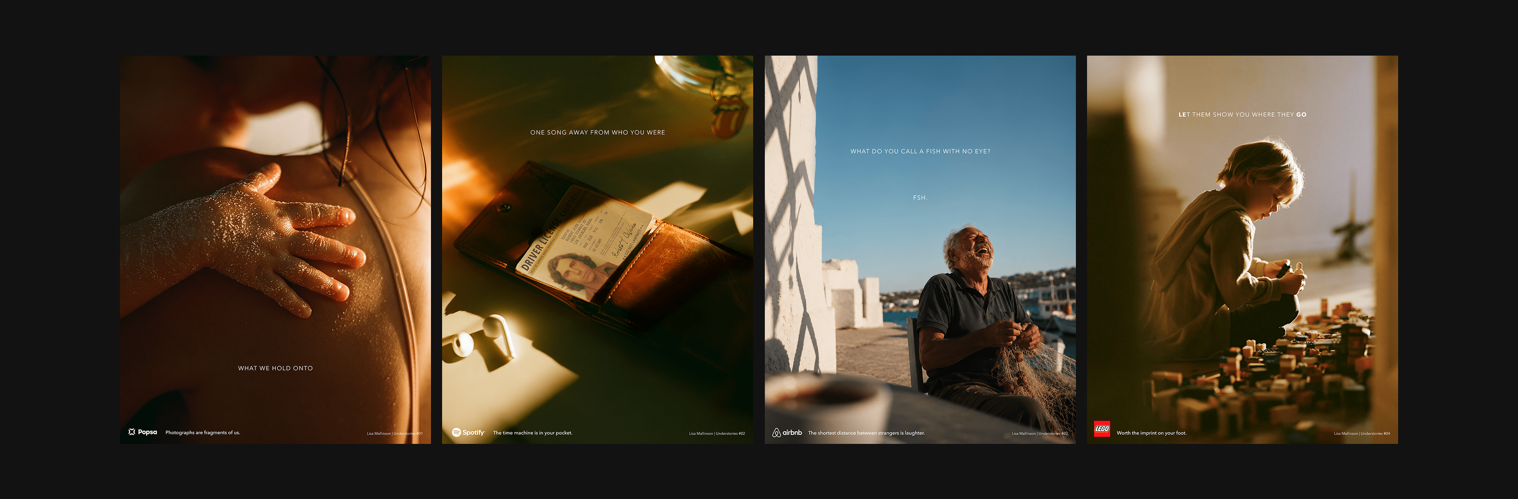 Understories, a personal creative project exploring brands through a human lens, featuring concept posters for Popsa, Spotify, Airbnb and LEGO.