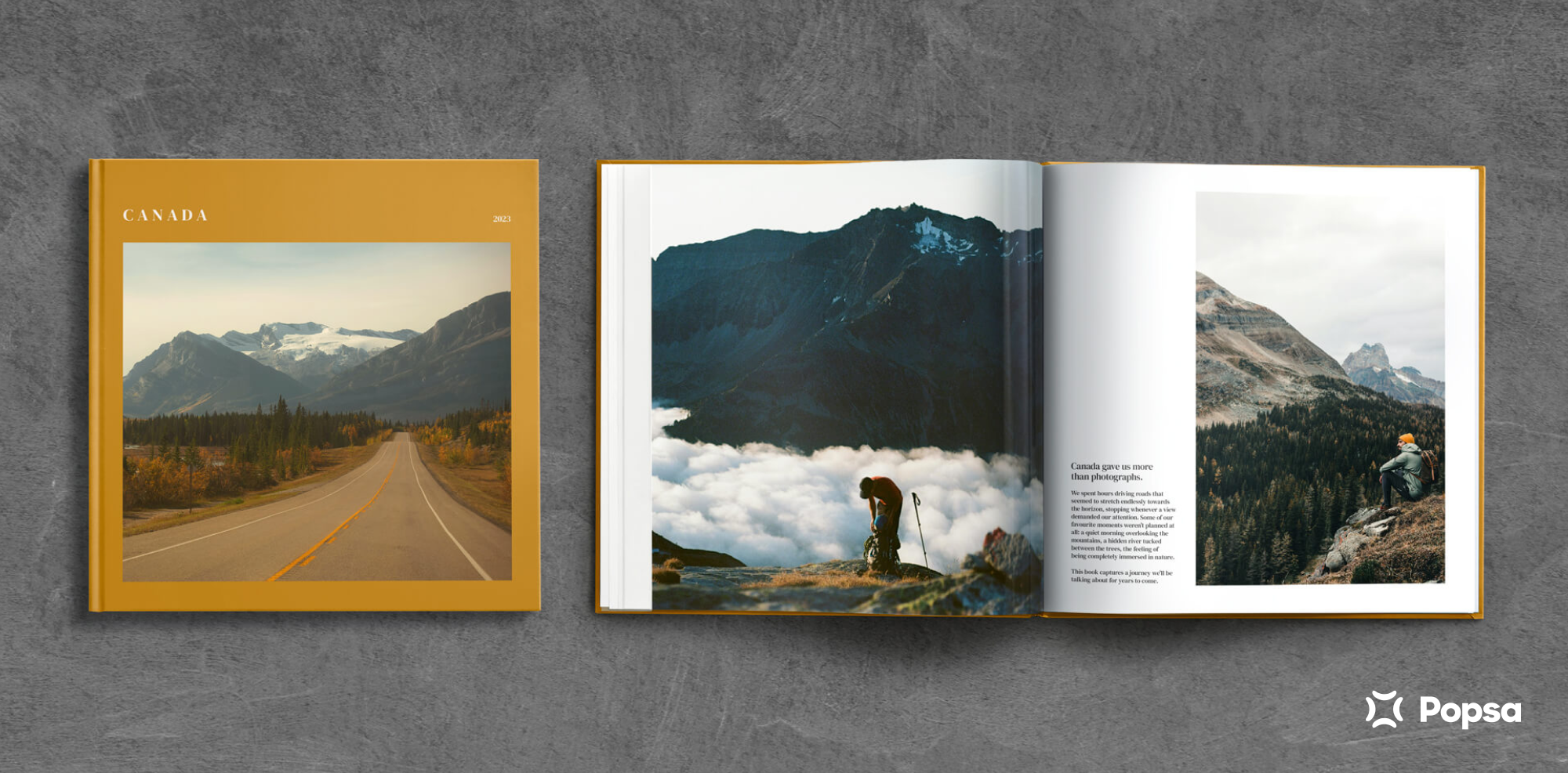 Popsa photobook with a mustard-yellow cover featuring a photograph of a road leading towards the Canadian Rocky Mountains.