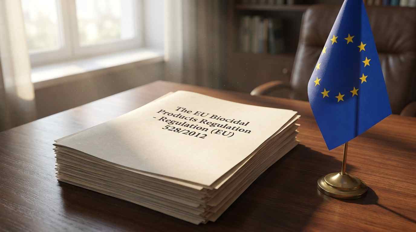 Printed copy of the EU Biocidal Products Regulation 528/2012 on a desk beside an EU flag