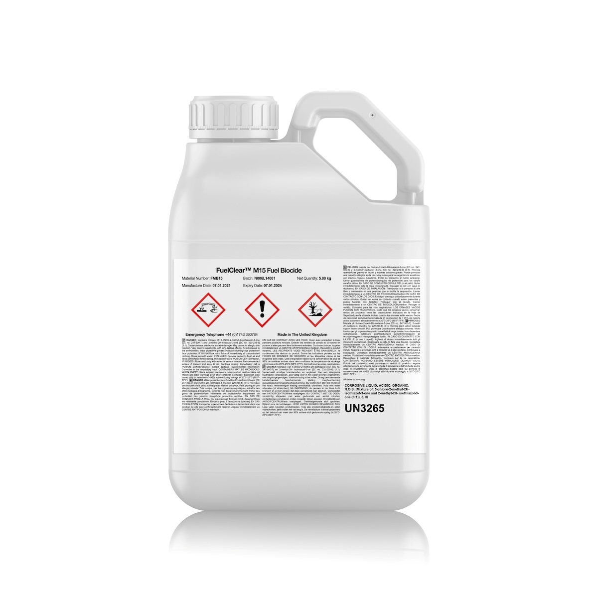 FuelClear M15 fuel biocide in a white 5 litre container with hazard labelling