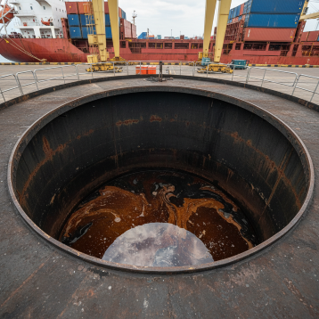 Looking down into an open fuel tank with sludge and diesel bug contamination on the tank floor