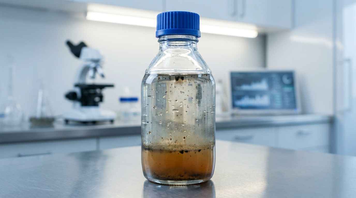 Laboratory sample bottle of FAME biodiesel showing water and microbial contamination