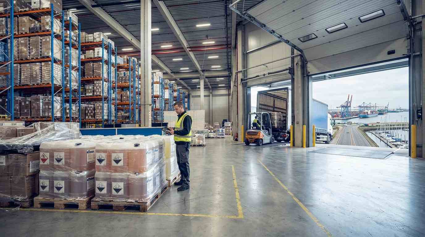 Pallets of stock in a distribution warehouse with a forklift and open loading bay