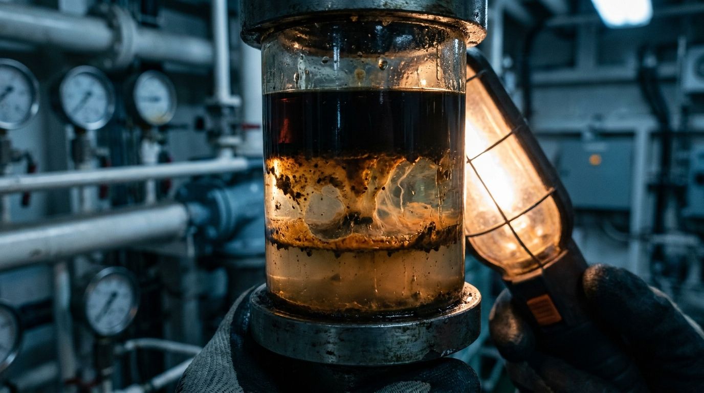 Contaminated marine diesel with sludge and water in a glass jar inside a ship engine room
