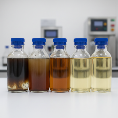 Row of diesel fuel sample bottles showing a range of contamination levels
