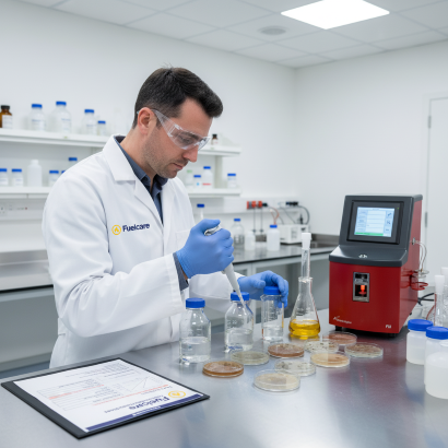 Fuelcare technician testing marine diesel fuel samples in a laboratory
