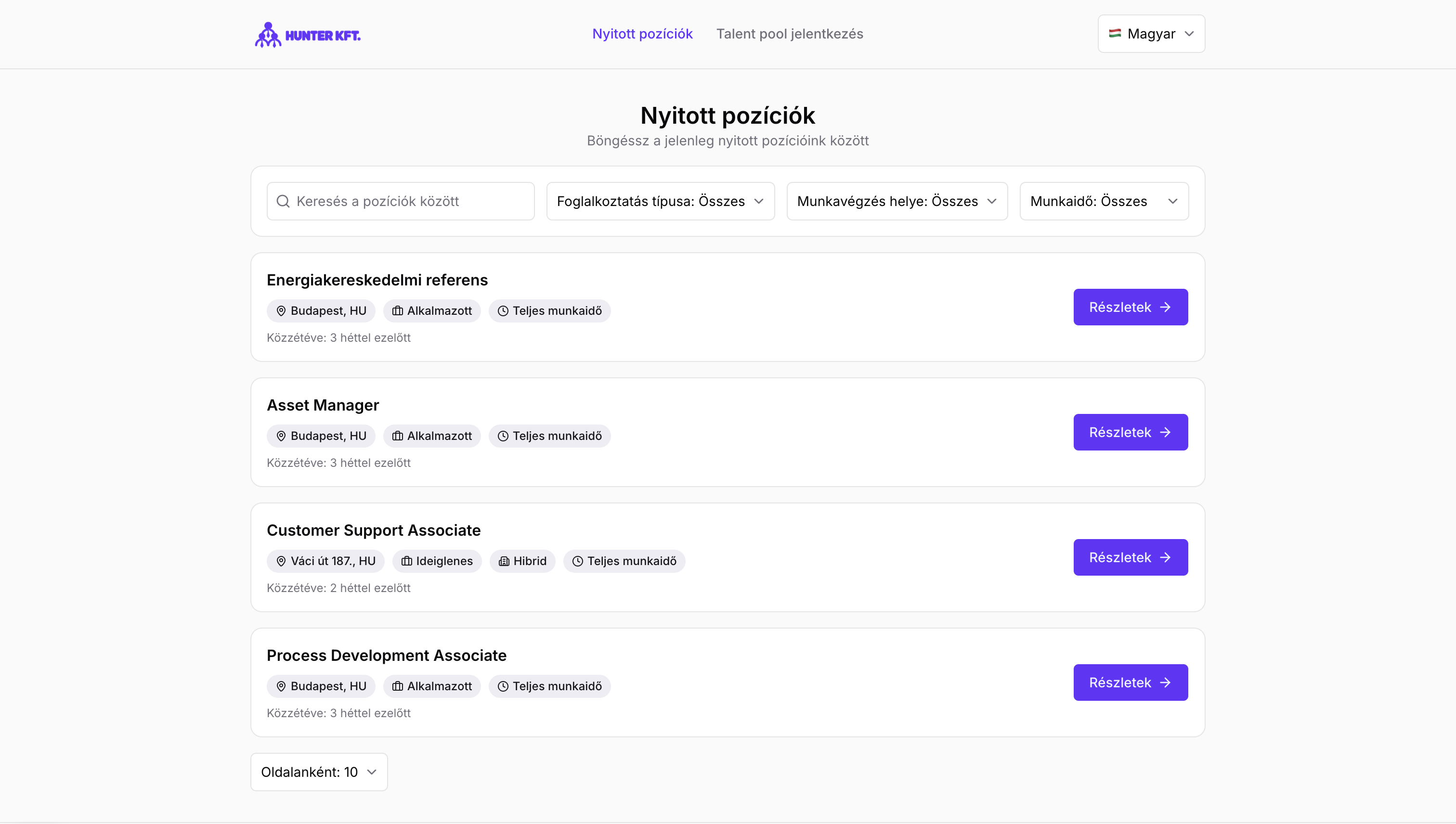 A Fitbase-ben generált karrieroldal: nyitott pozíciók listája szűrőkkel