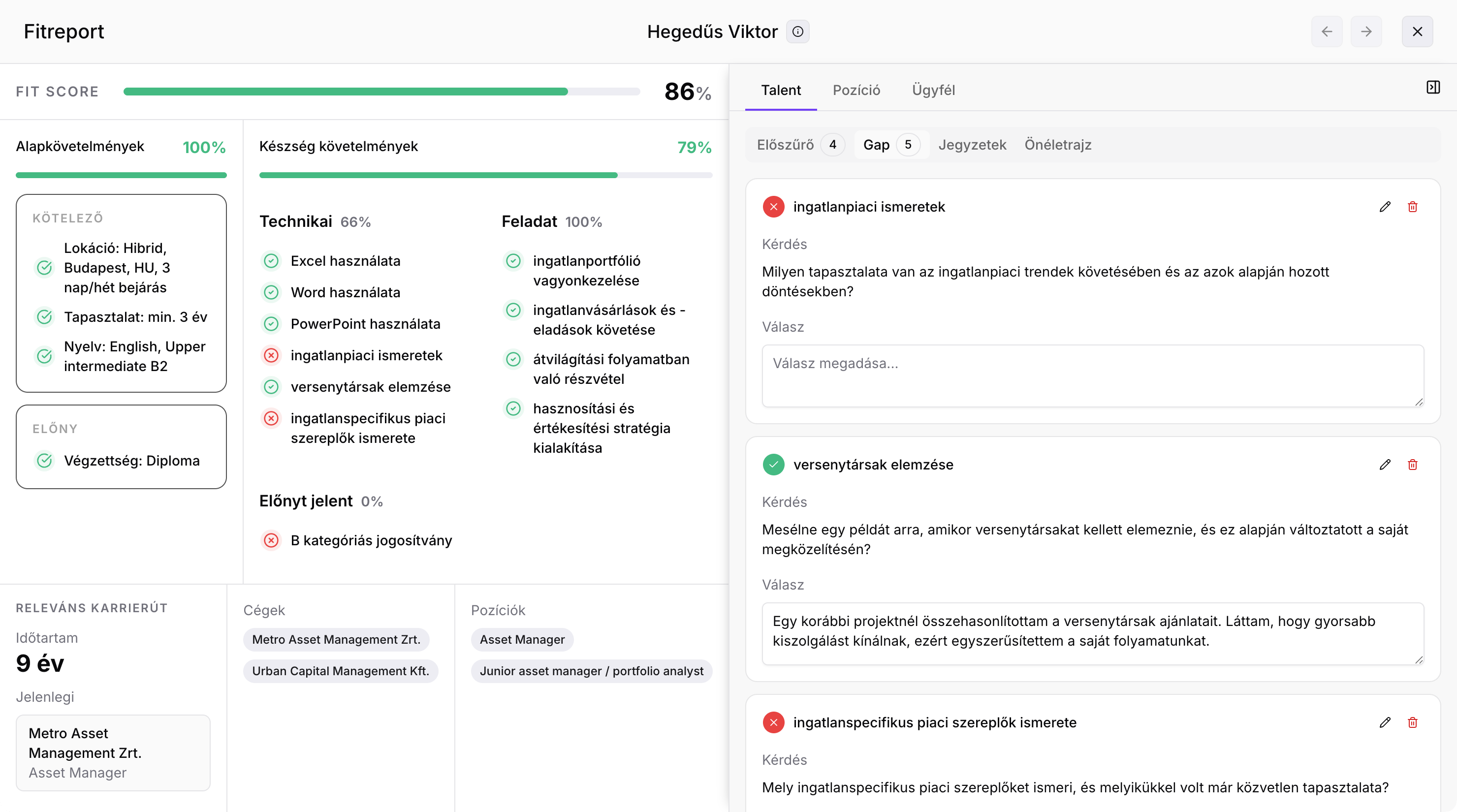 Fitreport a Fitbase-ben: Fit Score, alap- és készségkövetelmények, releváns karrierút és gap-analízis alapú interjúkérdések