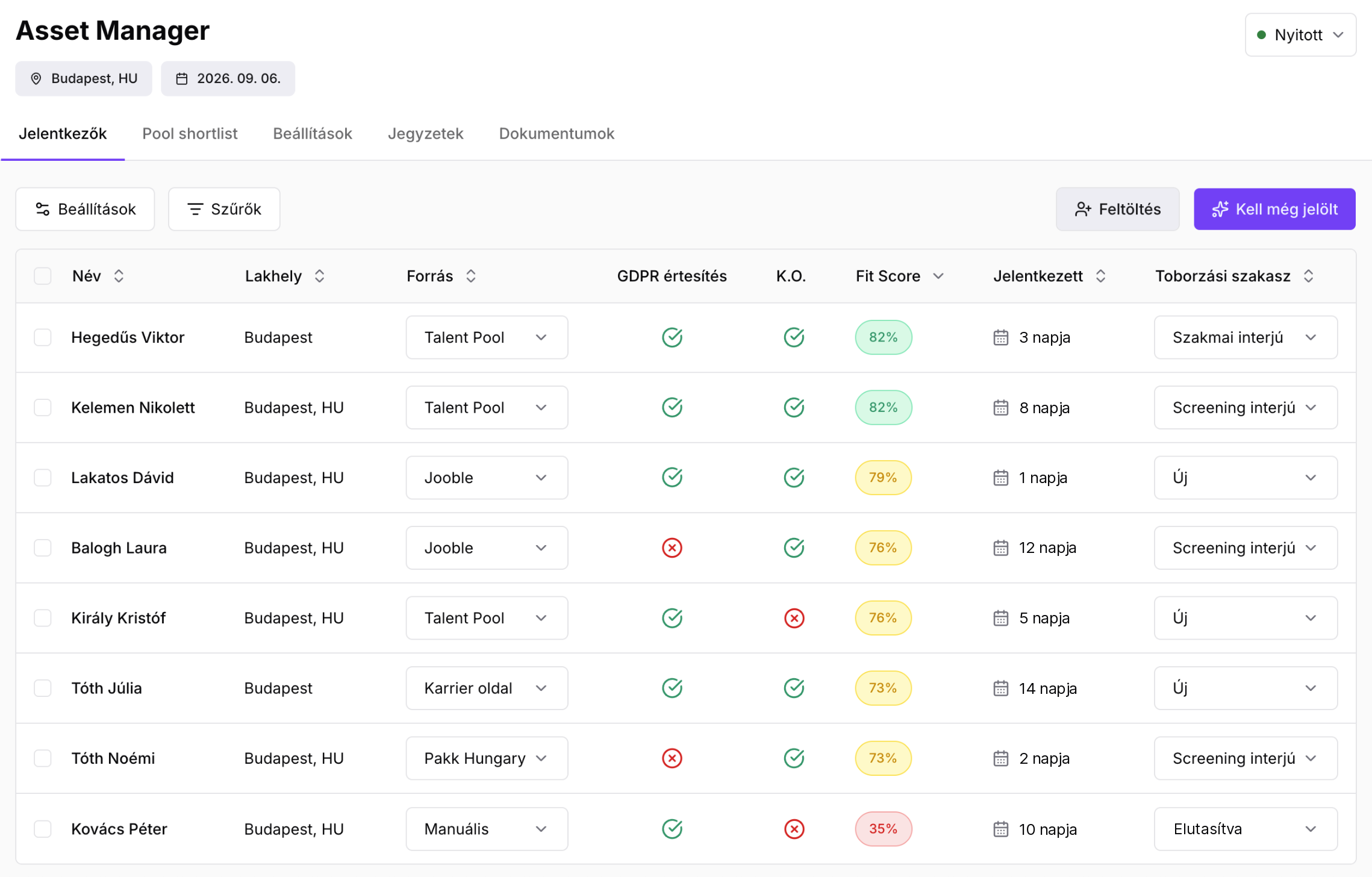 A Fitbase ATS jelöltlistája: Fit Score, K.O. kritériumok, GDPR értesítés és toborzási szakasz egy nézetben
