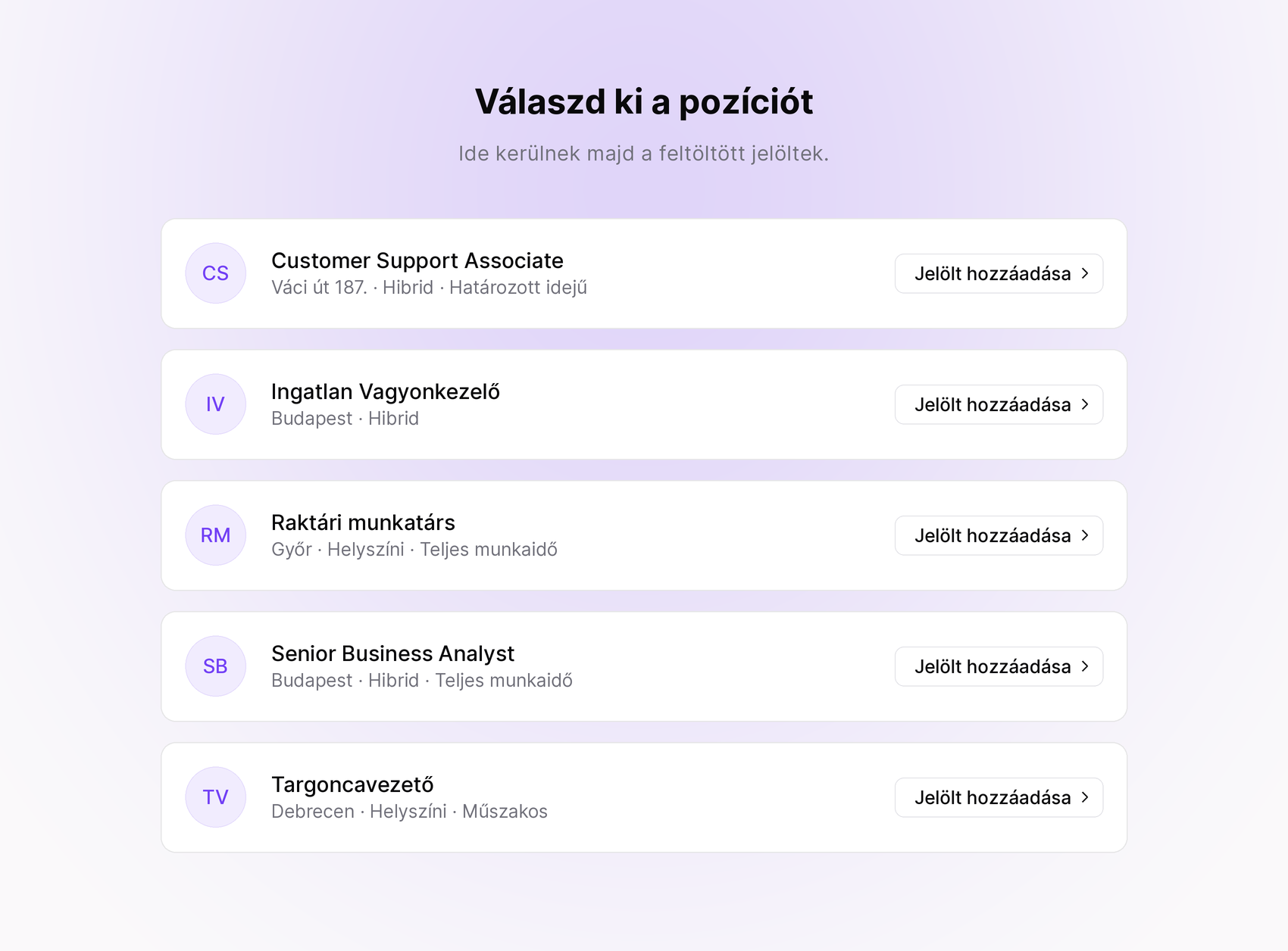 Fejvadász partnerfelület a Fitbase-ben: csak azok a pozíciók látszanak, amelyekre a fejvadász toboroz, jelölt hozzáadása gombbal