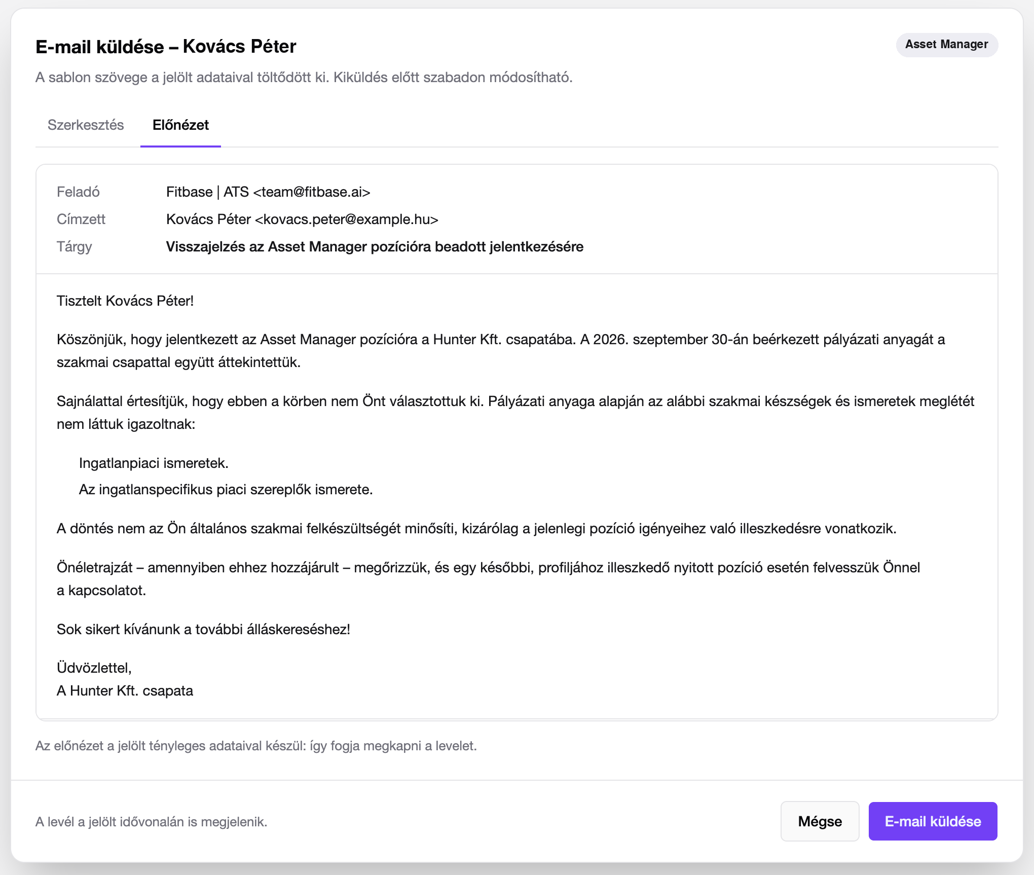 Levelezés a Fitbase-ben: egyedi és sablon alapú e-mailek küldése a jelölteknek