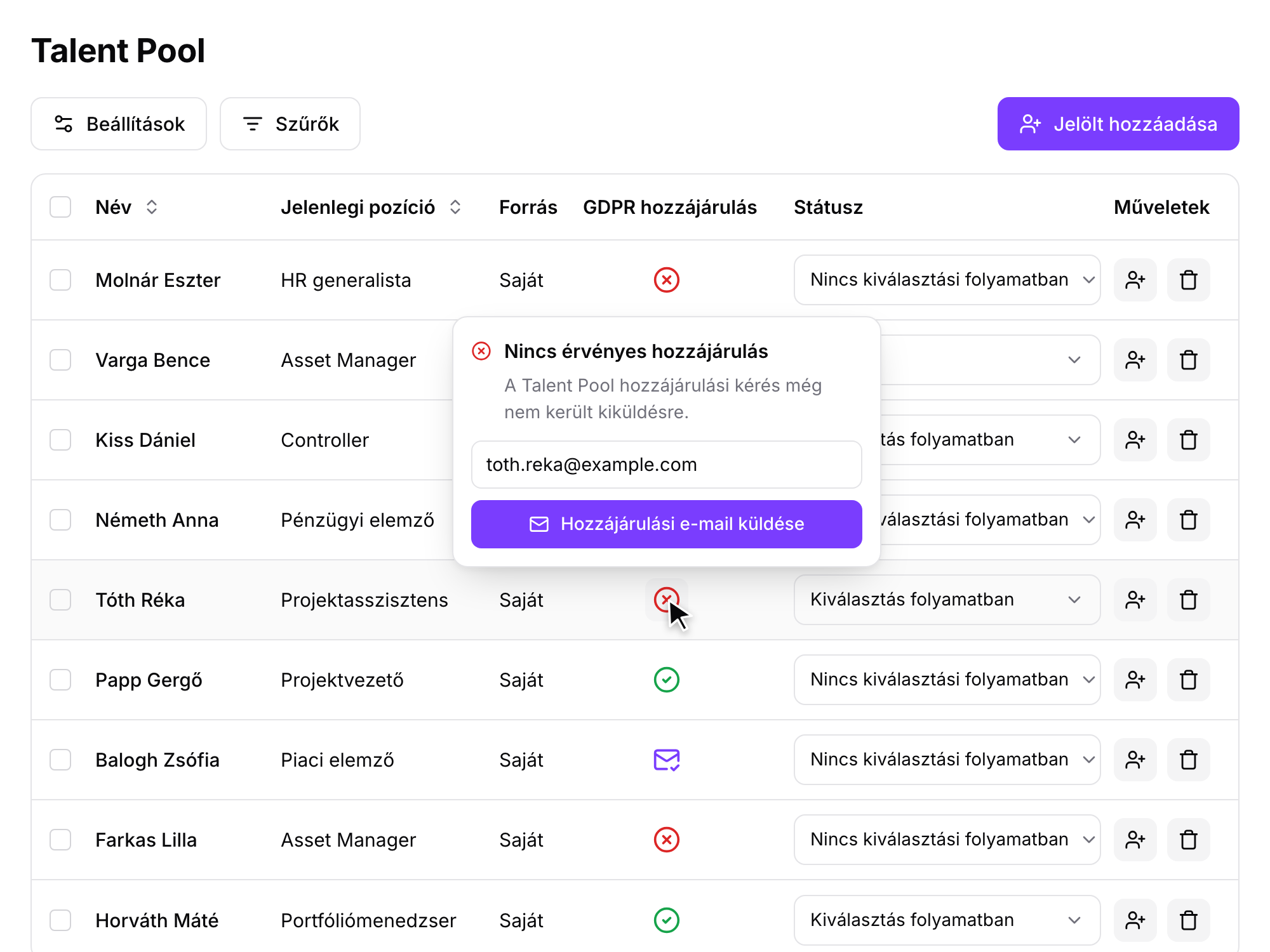 Talent Pool a Fitbase-ben: a GDPR oszlopban a piros X fölé húzva megjelenik, hogy nincs érvényes hozzájárulás, és egy kattintással kiküldhető a hozzájárulási e-mail