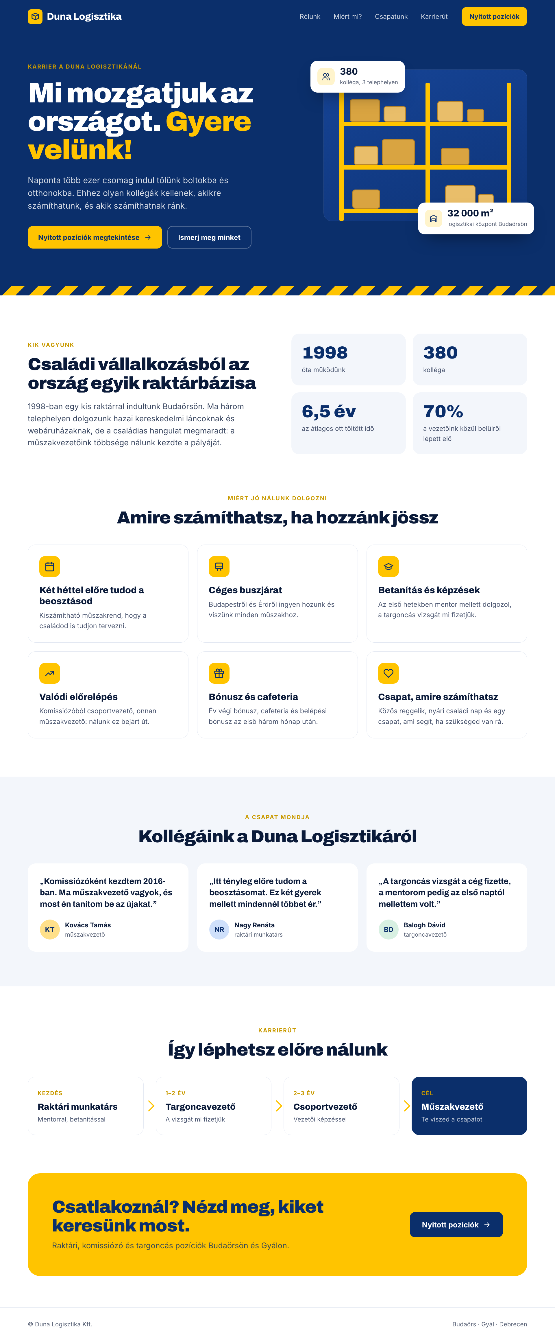 Minta karrier-landingoldal egy kitalált logisztikai cégnek: bemutatkozás, juttatások, kollégák véleménye, karrierút és link a nyitott pozíciókra